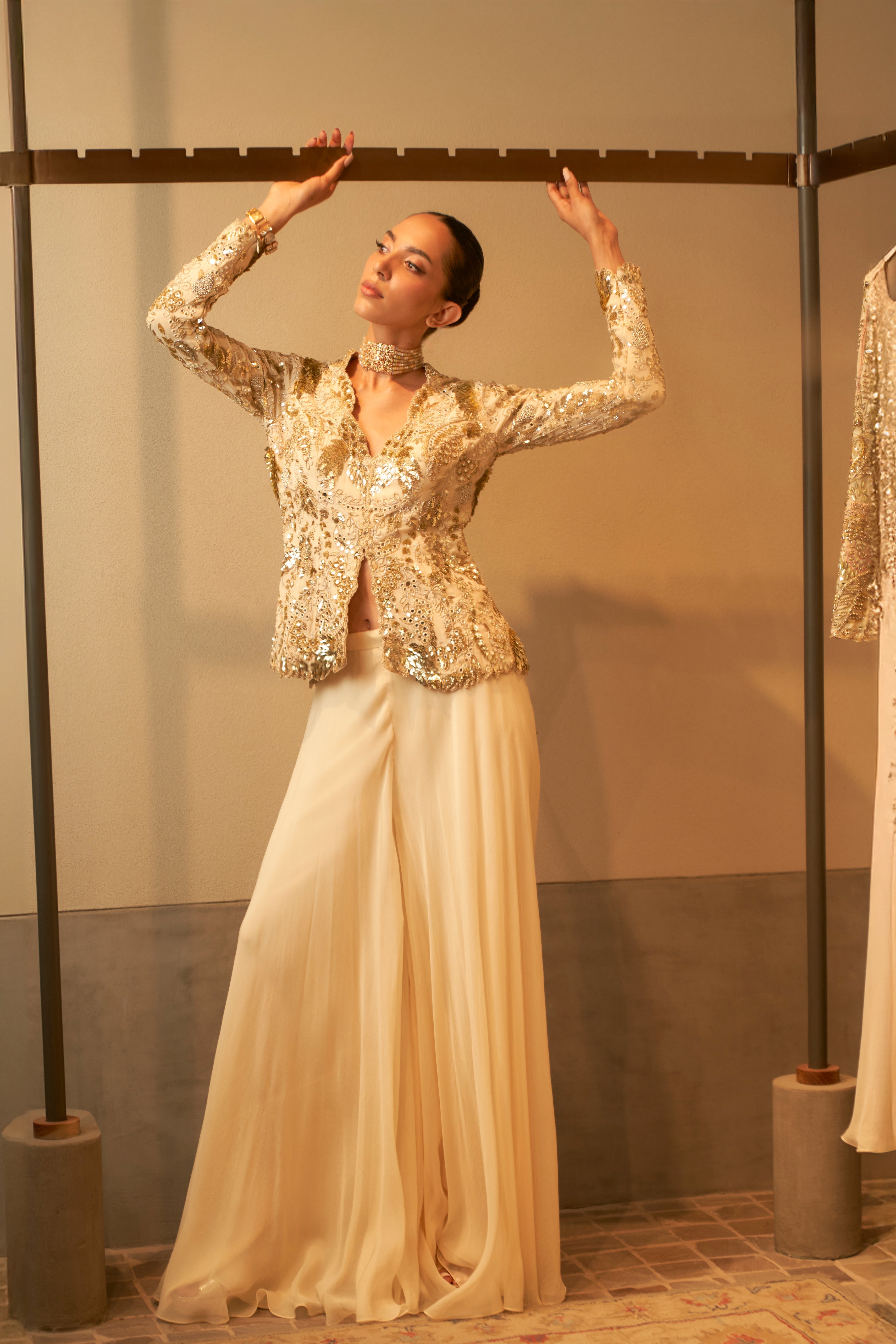 Ivory Gold Sequin Jacket With Organza Sharara