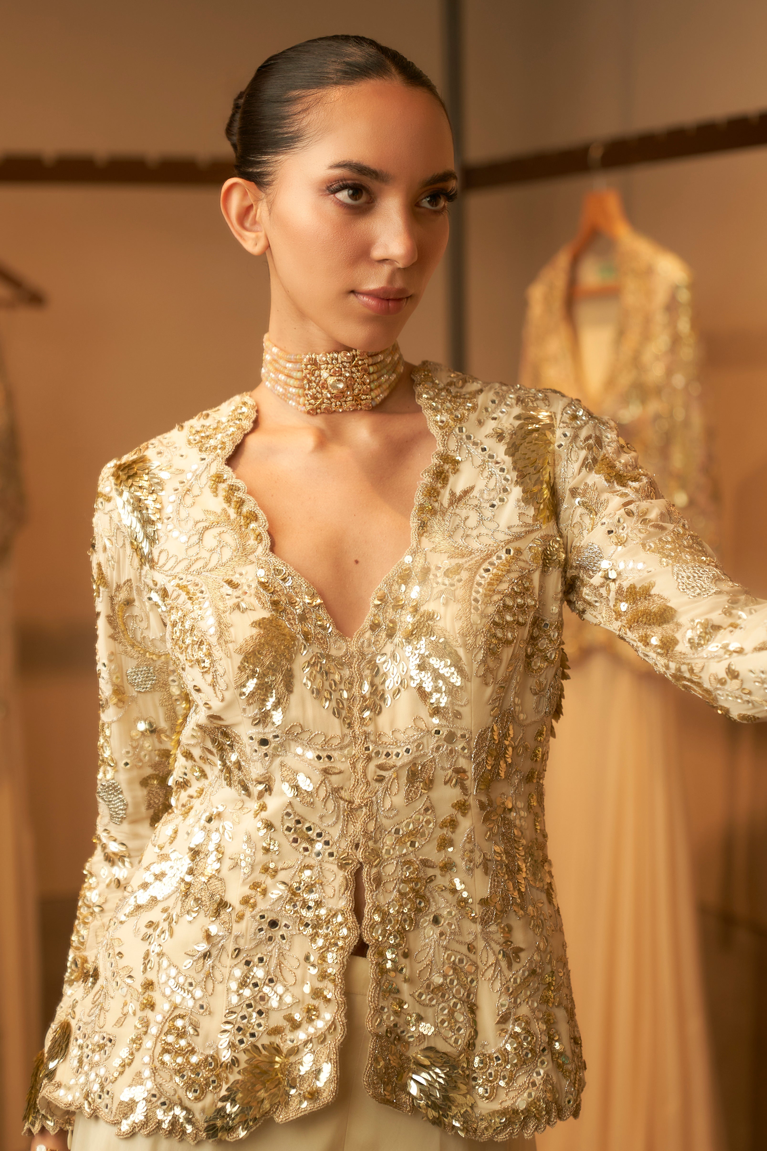 Ivory Gold Sequin Jacket With Organza Sharara