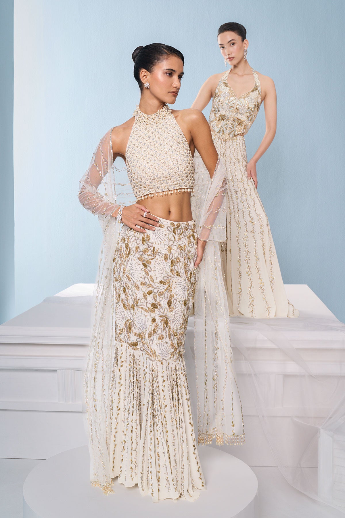 Ivory Georgette Fit And Flare Lehenga Set