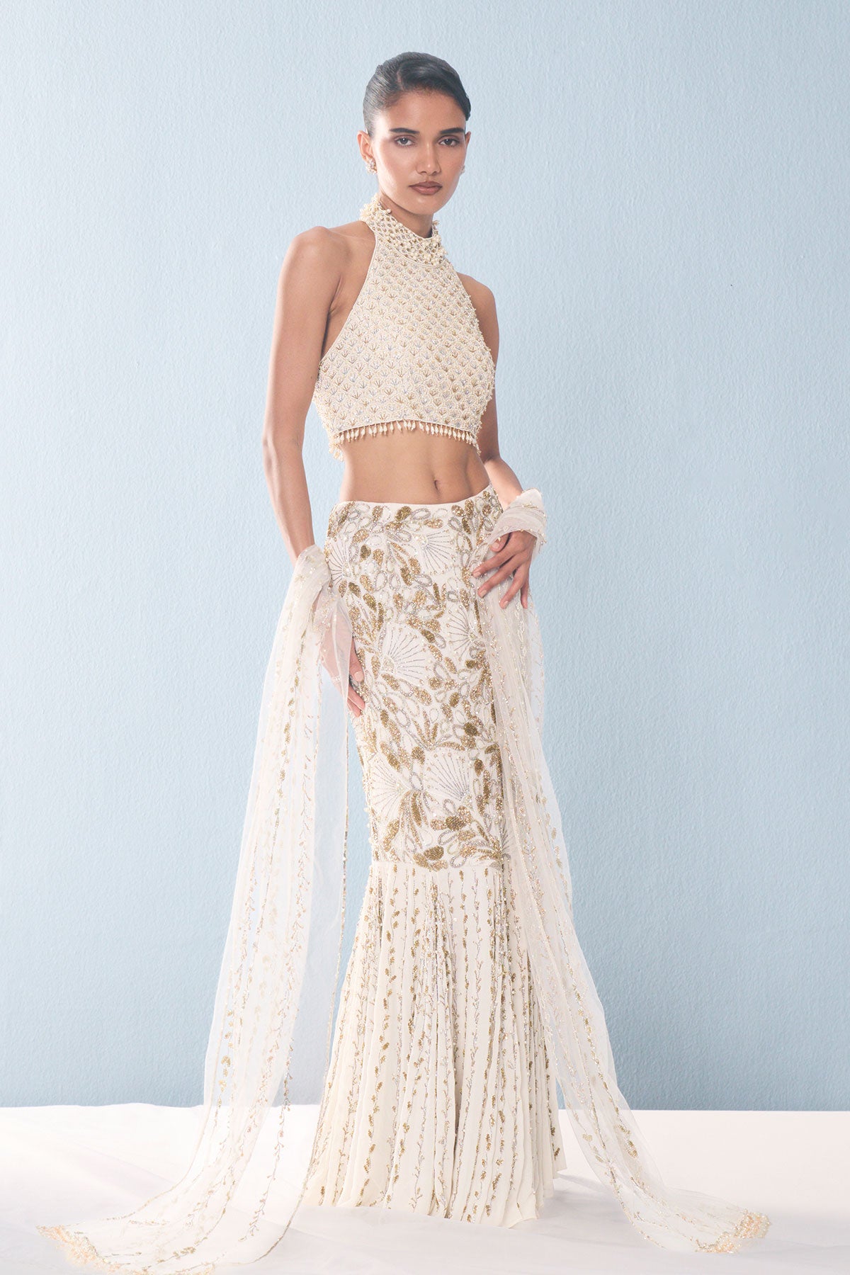 Ivory Georgette Fit And Flare Lehenga Set
