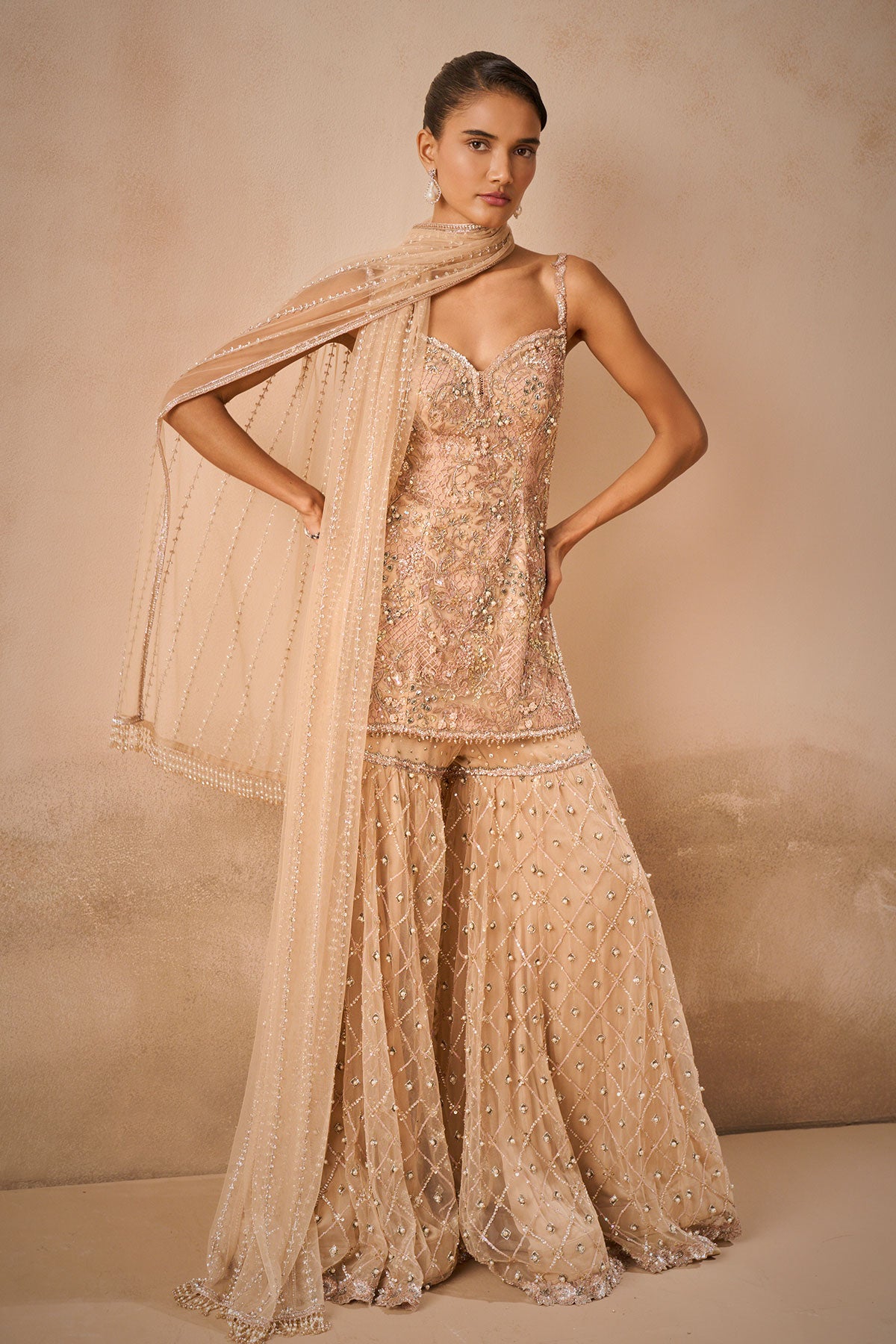 Biscuit Brown Tulle Strappy Gharara Set