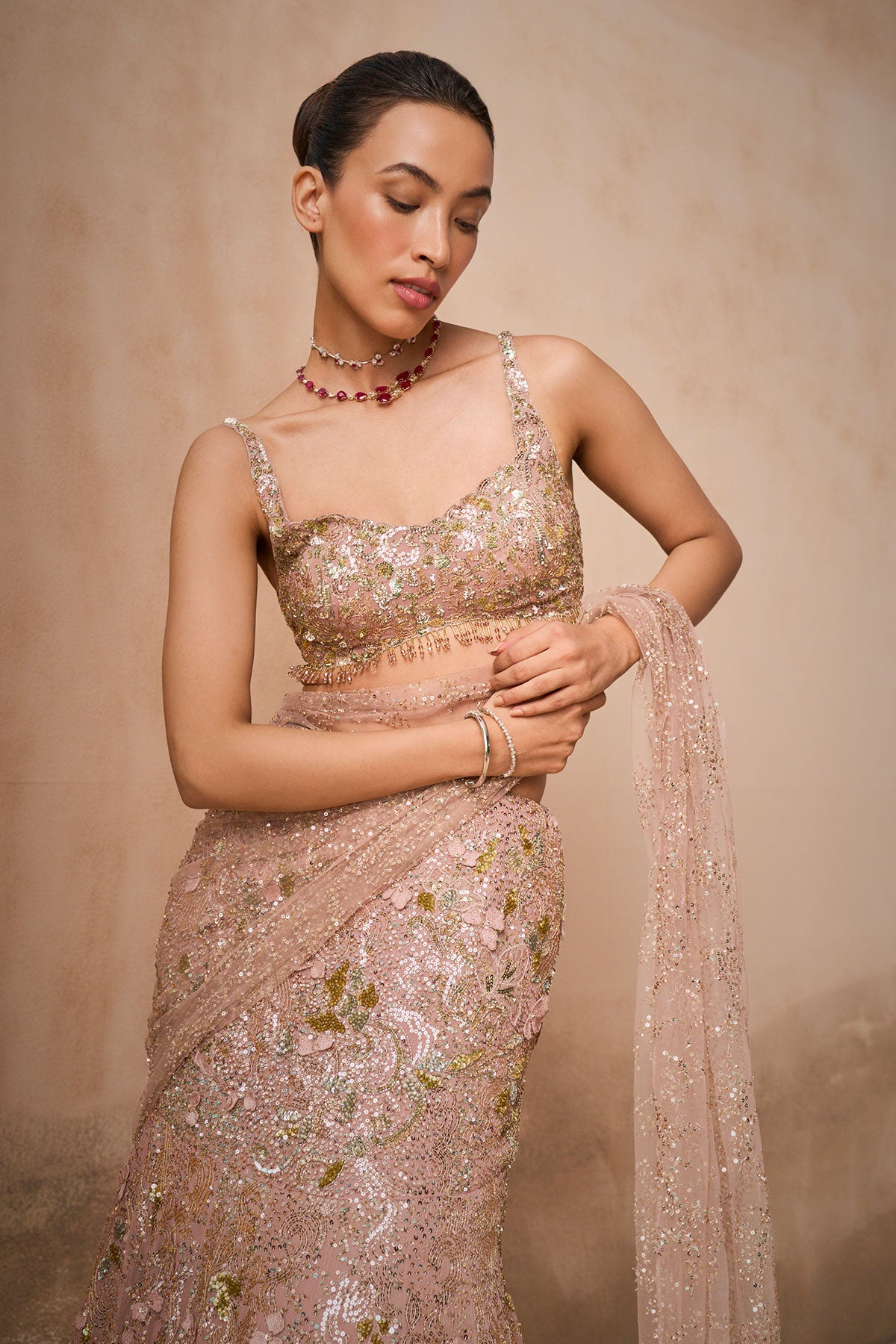 Rose Pink Georgette Sparkle Drape Lehenga Set