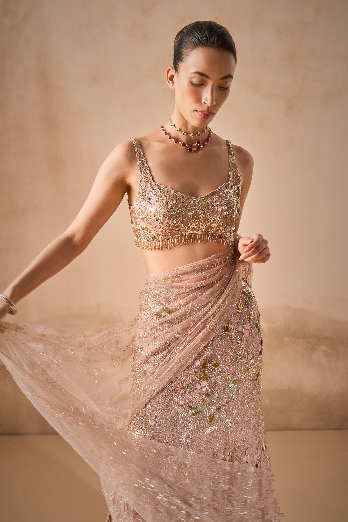 Rose Pink Georgette Sparkle Drape Lehenga Set