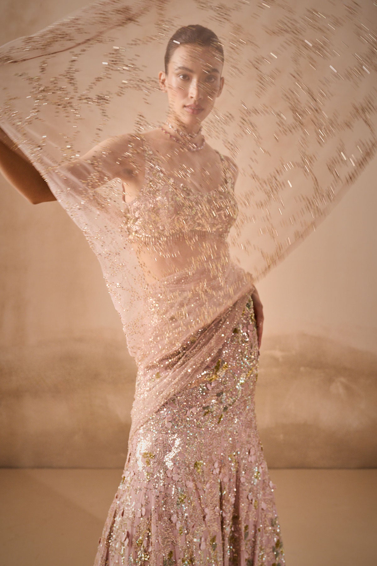 Rose Pink Georgette Sparkle Drape Lehenga Set