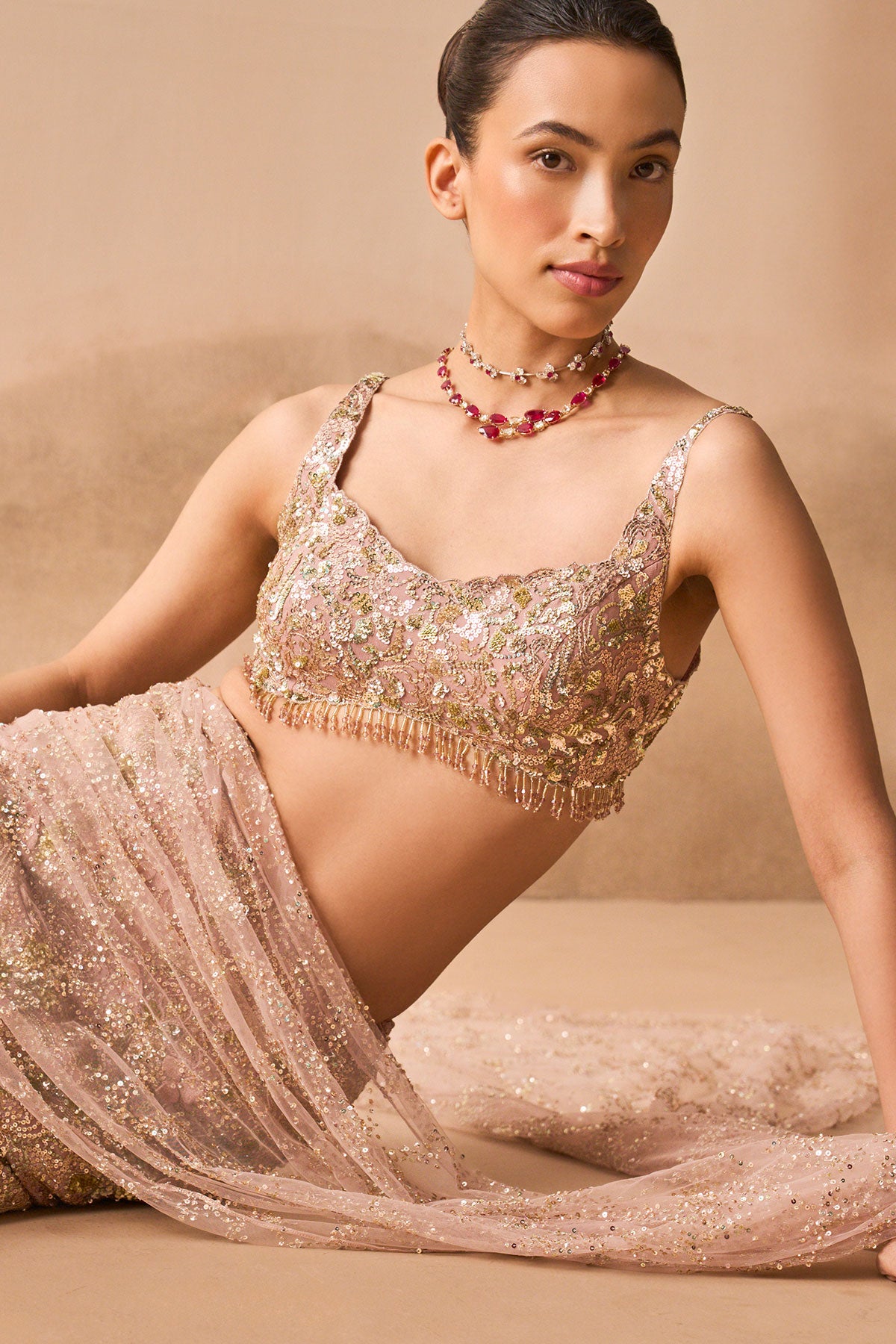 Rose Pink Georgette Sparkle Drape Lehenga Set