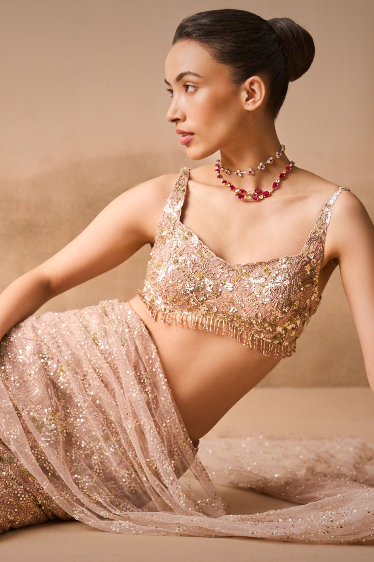 Rose Pink Georgette Sparkle Drape Lehenga Set