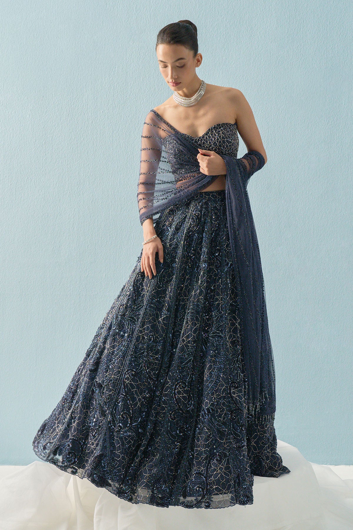 Navy Blue Tulle Lehenga Set