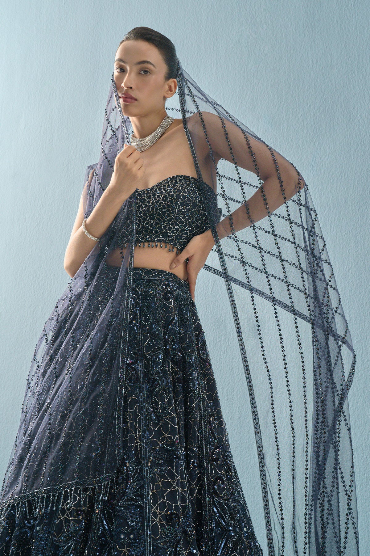 Navy Blue Tulle Lehenga Set