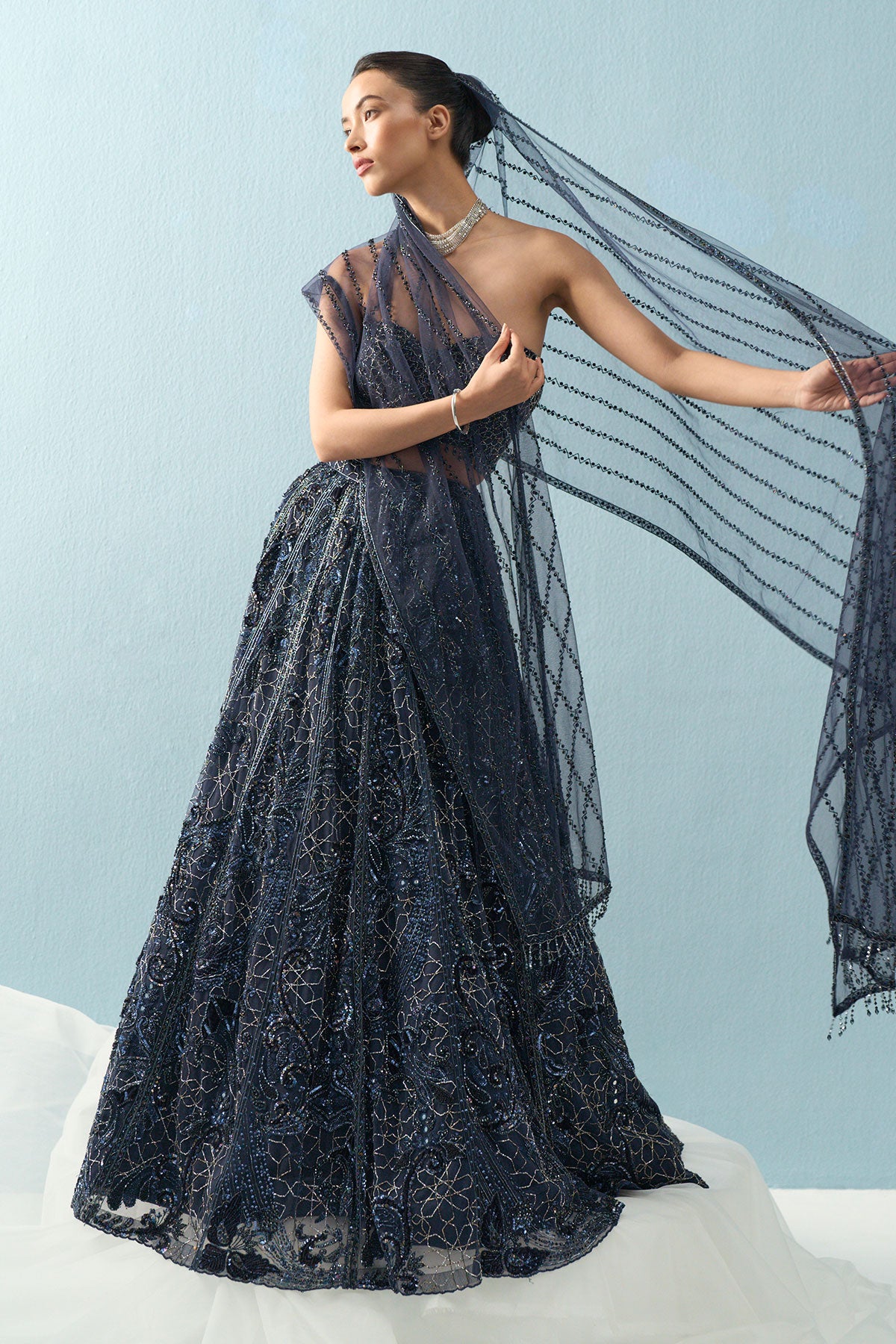 Navy Blue Tulle Lehenga Set