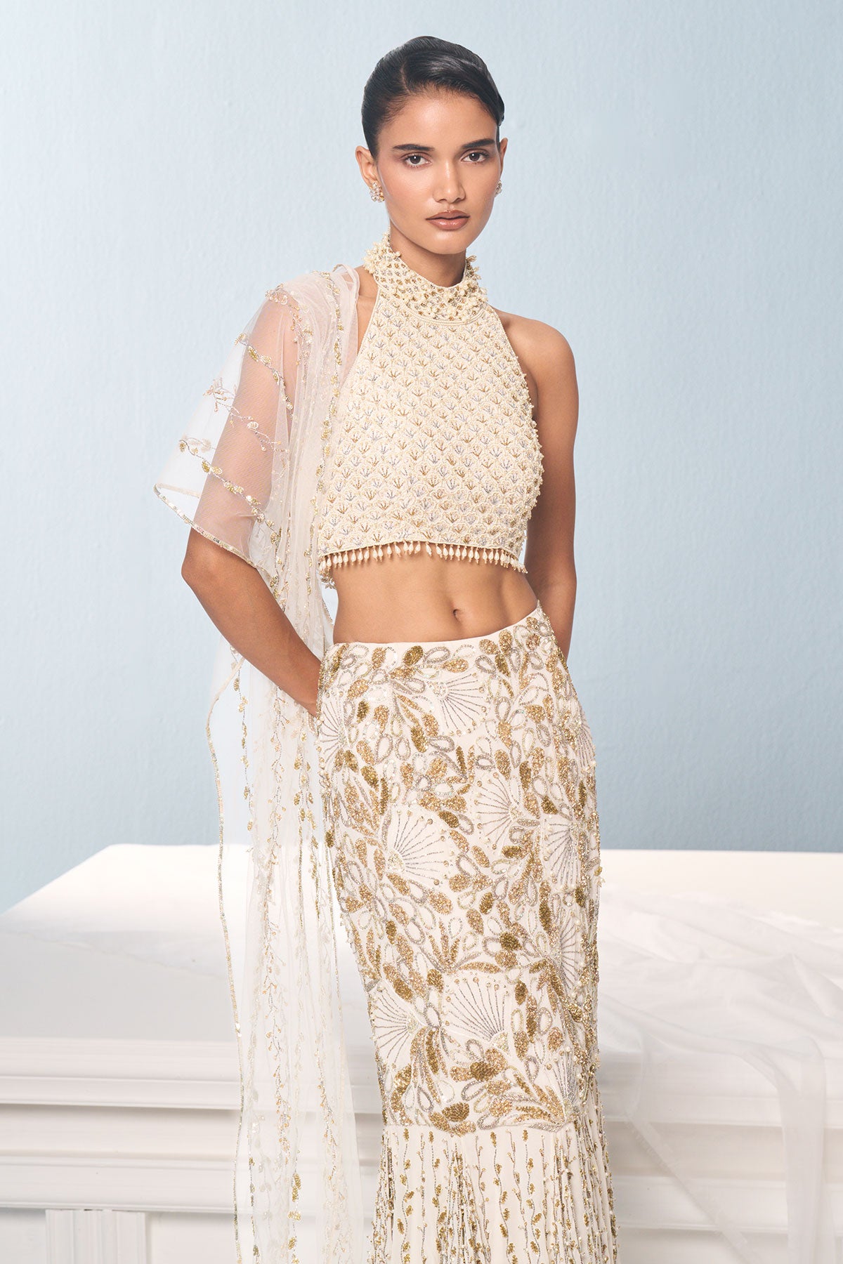 Ivory Georgette Fit And Flare Lehenga Set