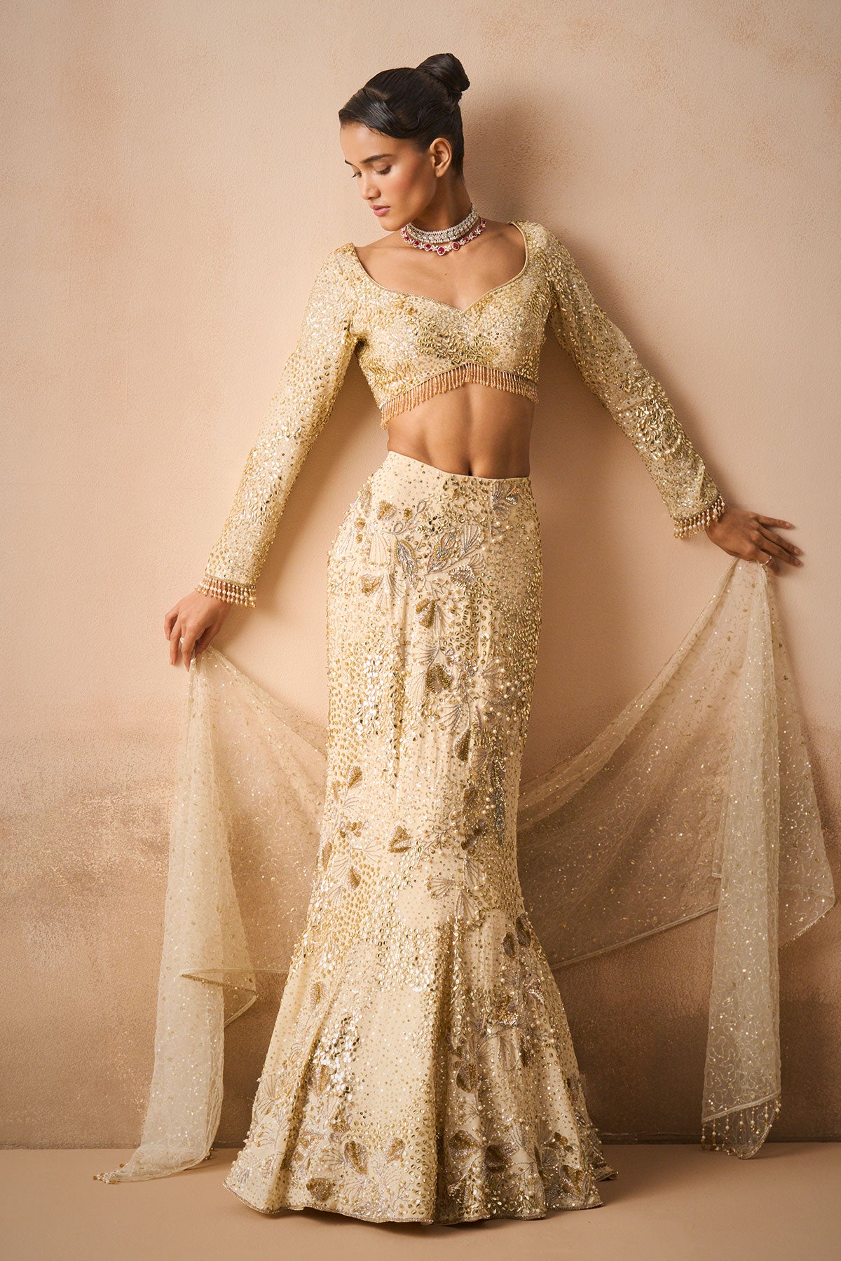 Ivory Georgette Fit And Flare Lehenga Set