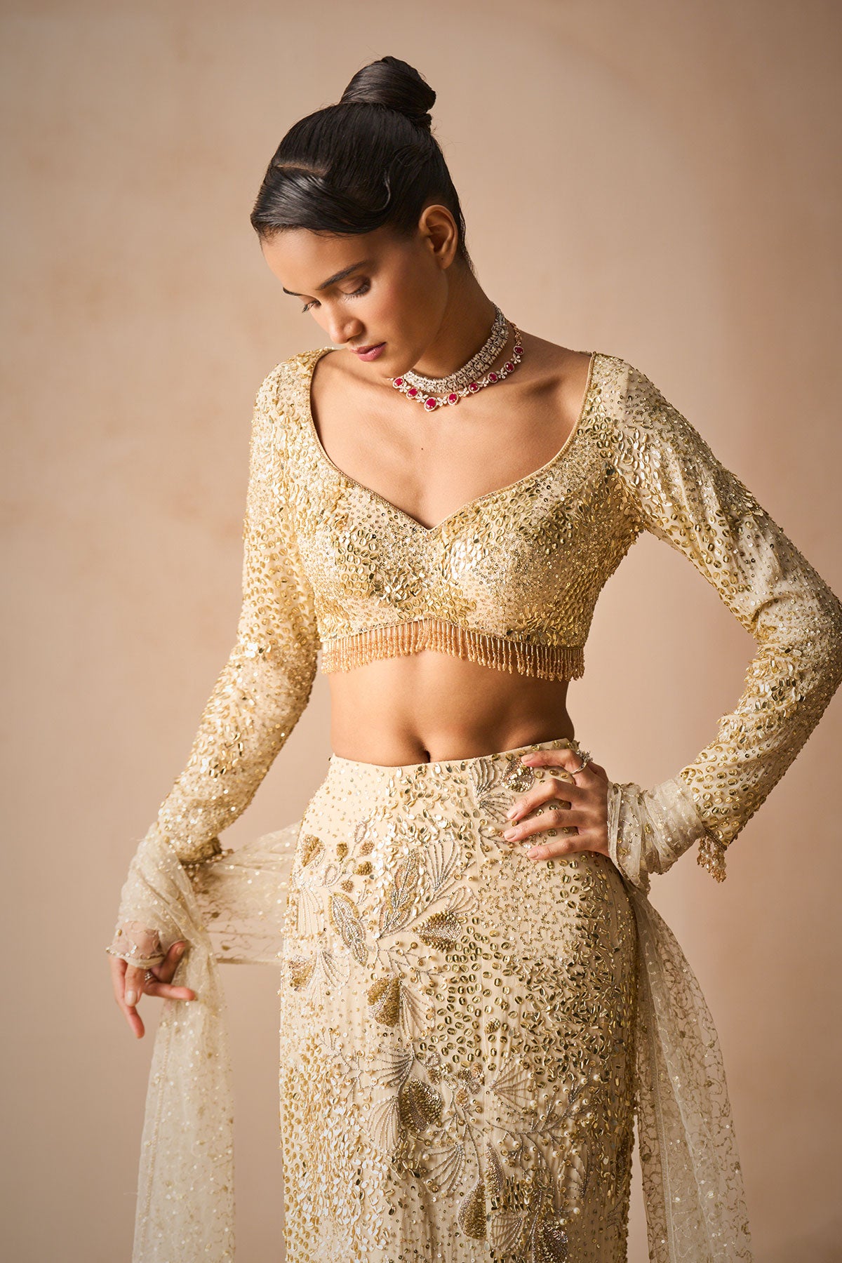 Ivory Georgette Fit And Flare Lehenga Set