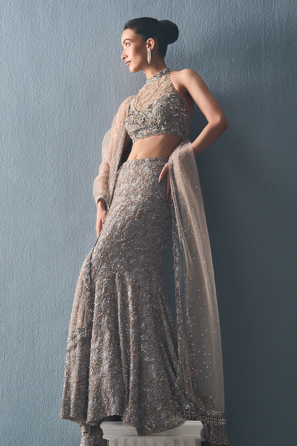 Grey Tulle Fit And Flare Lehenga Set