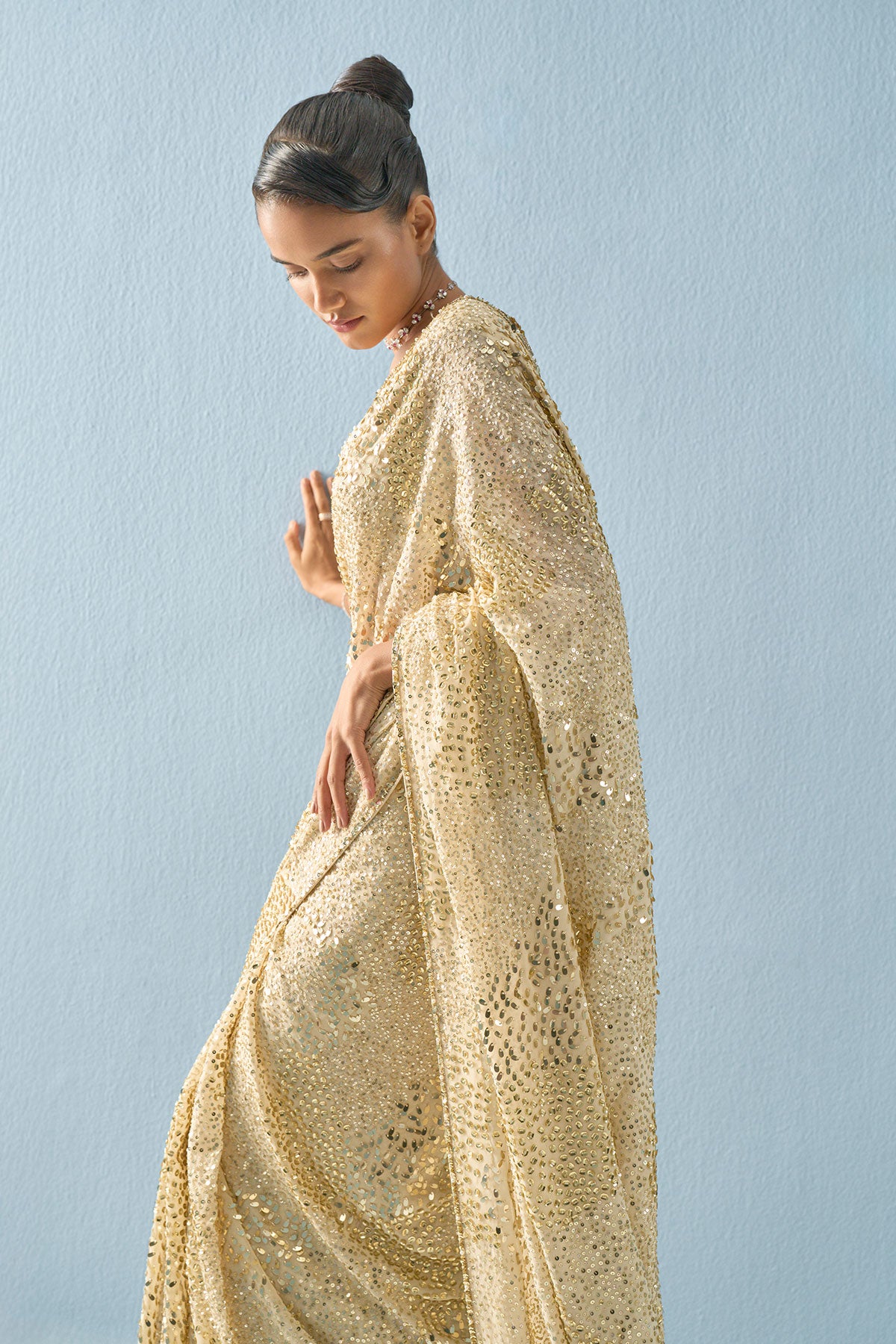 Ivory Georgette Sparkle Saree Set