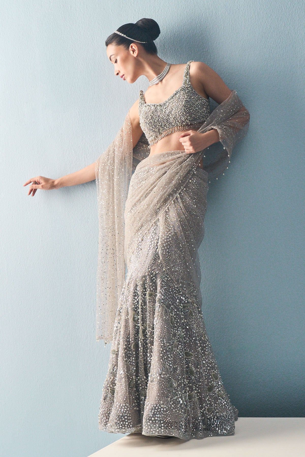 Silver Grey Tulle Drape Lehenga Set