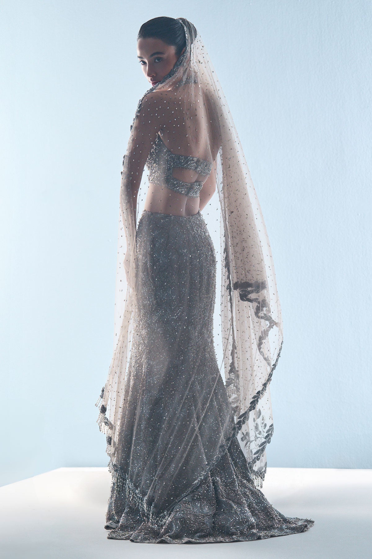 Grey Tulle Fit And Flare Lehenga Set