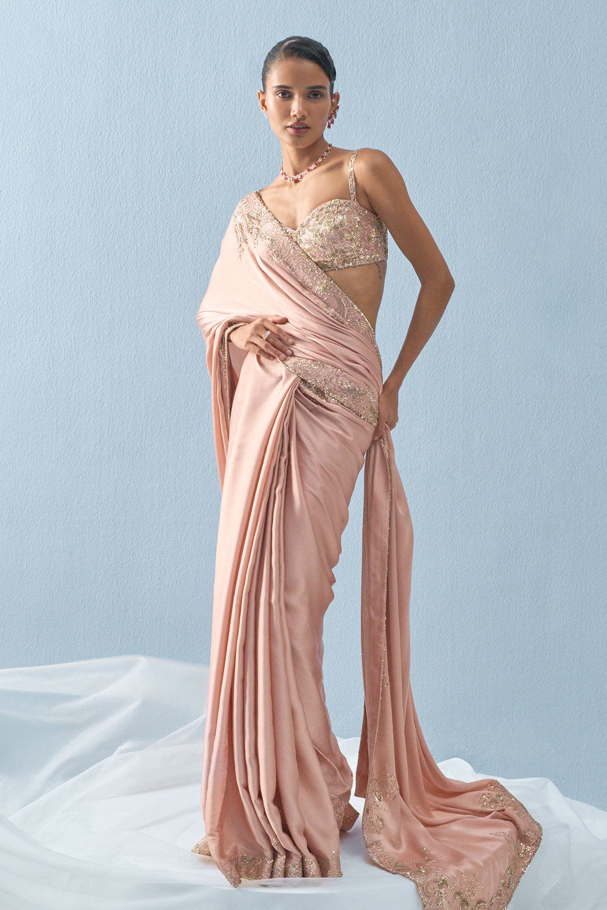 Nude Pink Satin Saree Set