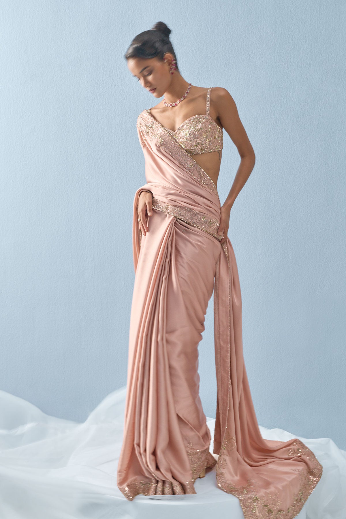 Nude Pink Satin Saree Set