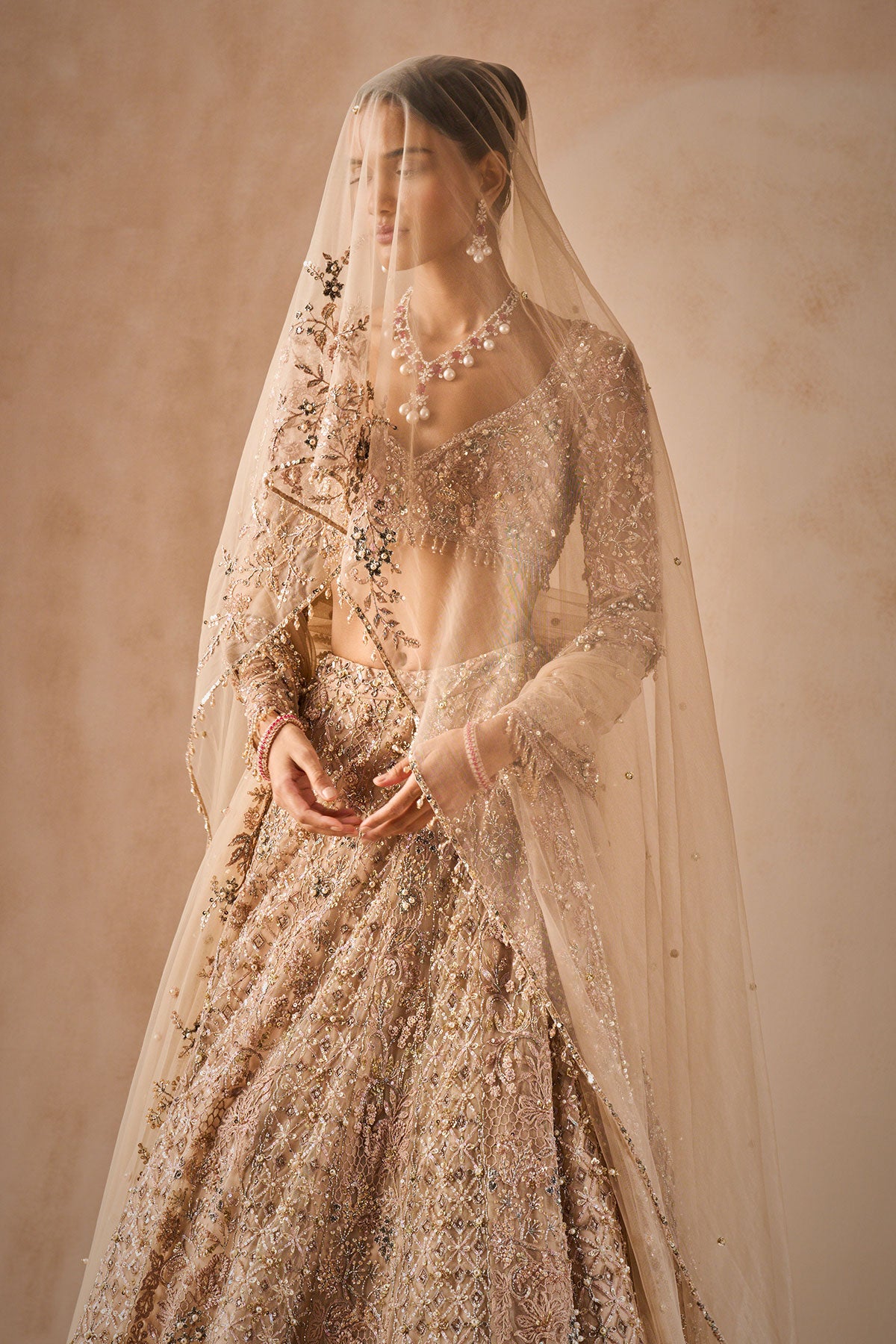Beige Nude Tulle Lehenga Set