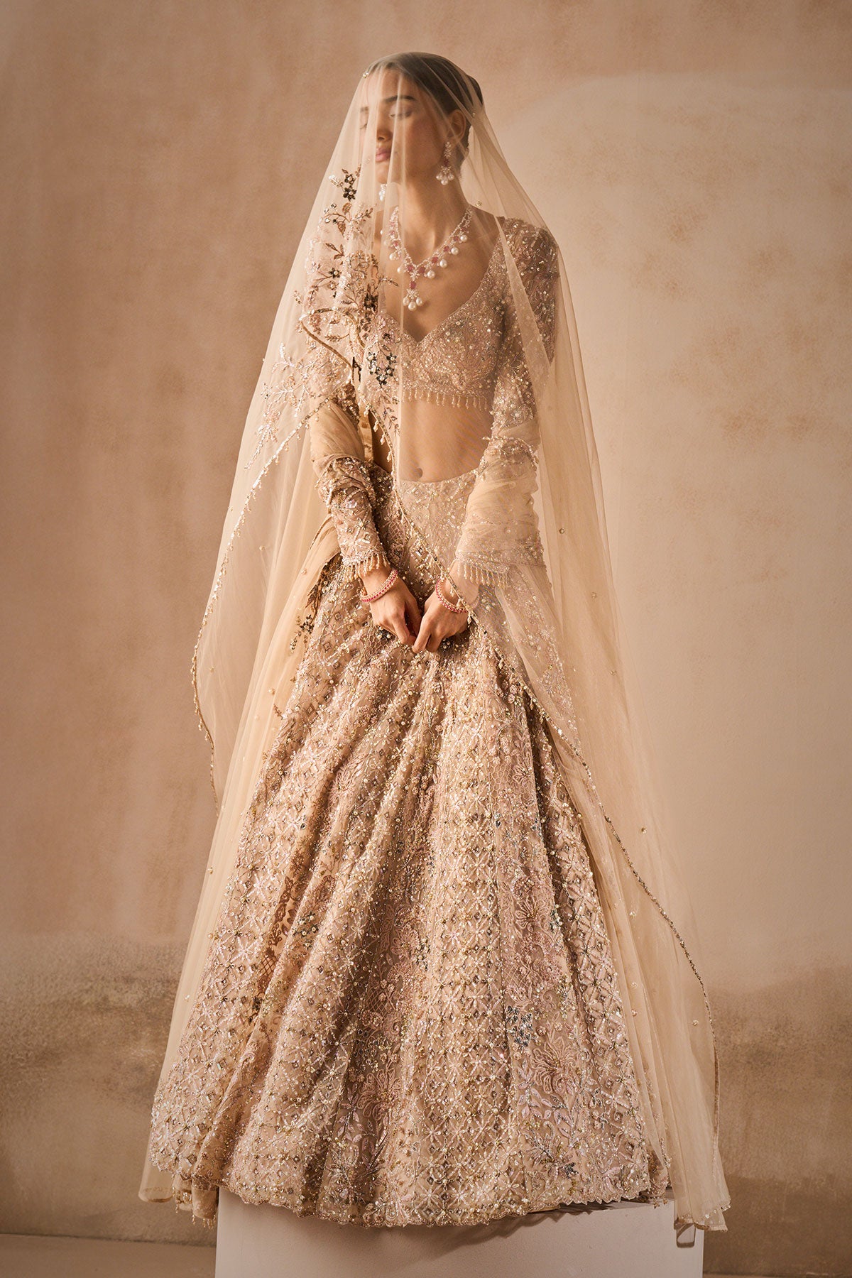 Beige Nude Tulle Lehenga Set