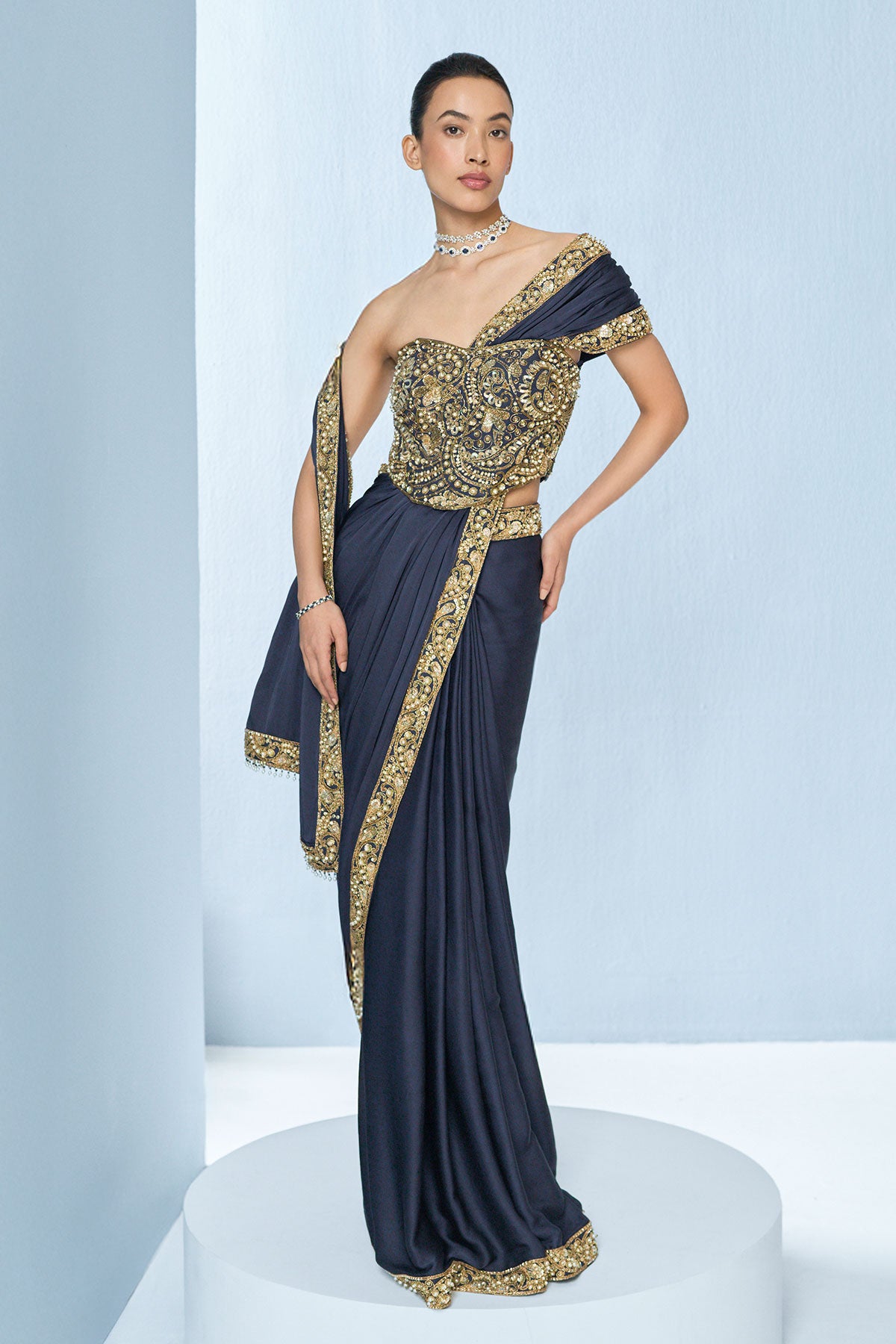 Midnight Blue Satin Saree And Corset Blouse