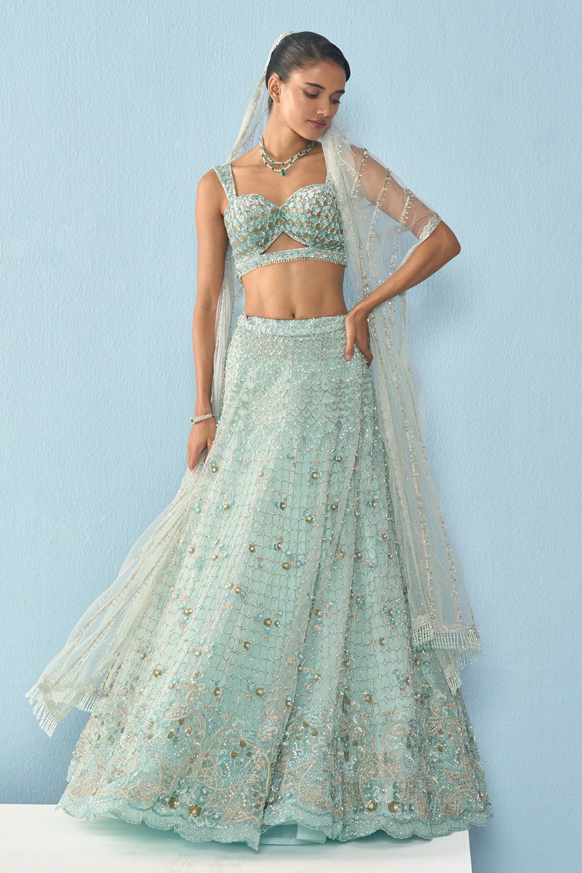 Aqua Blue Tulle Lehenga Set