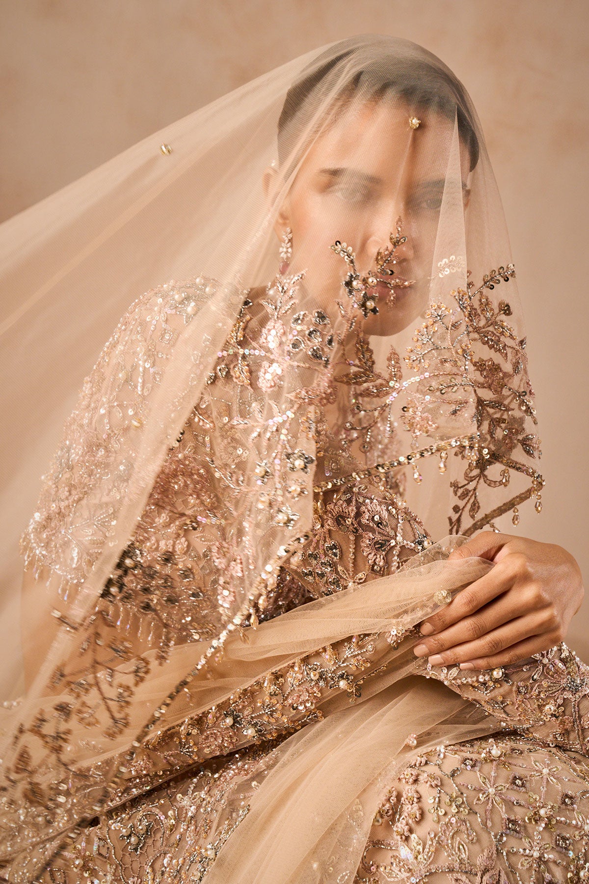 Beige Nude Tulle Lehenga Set