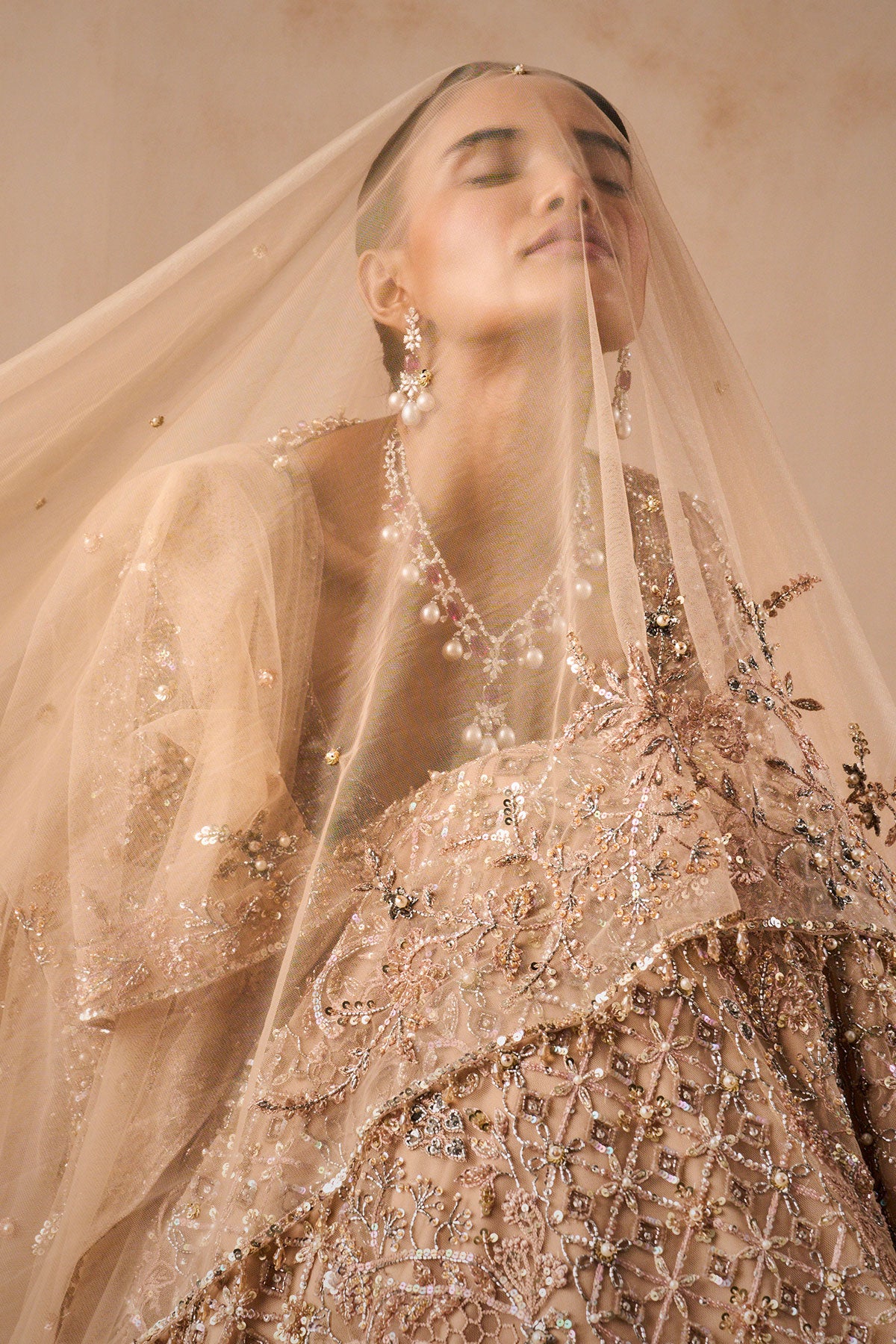 Beige Nude Tulle Lehenga Set