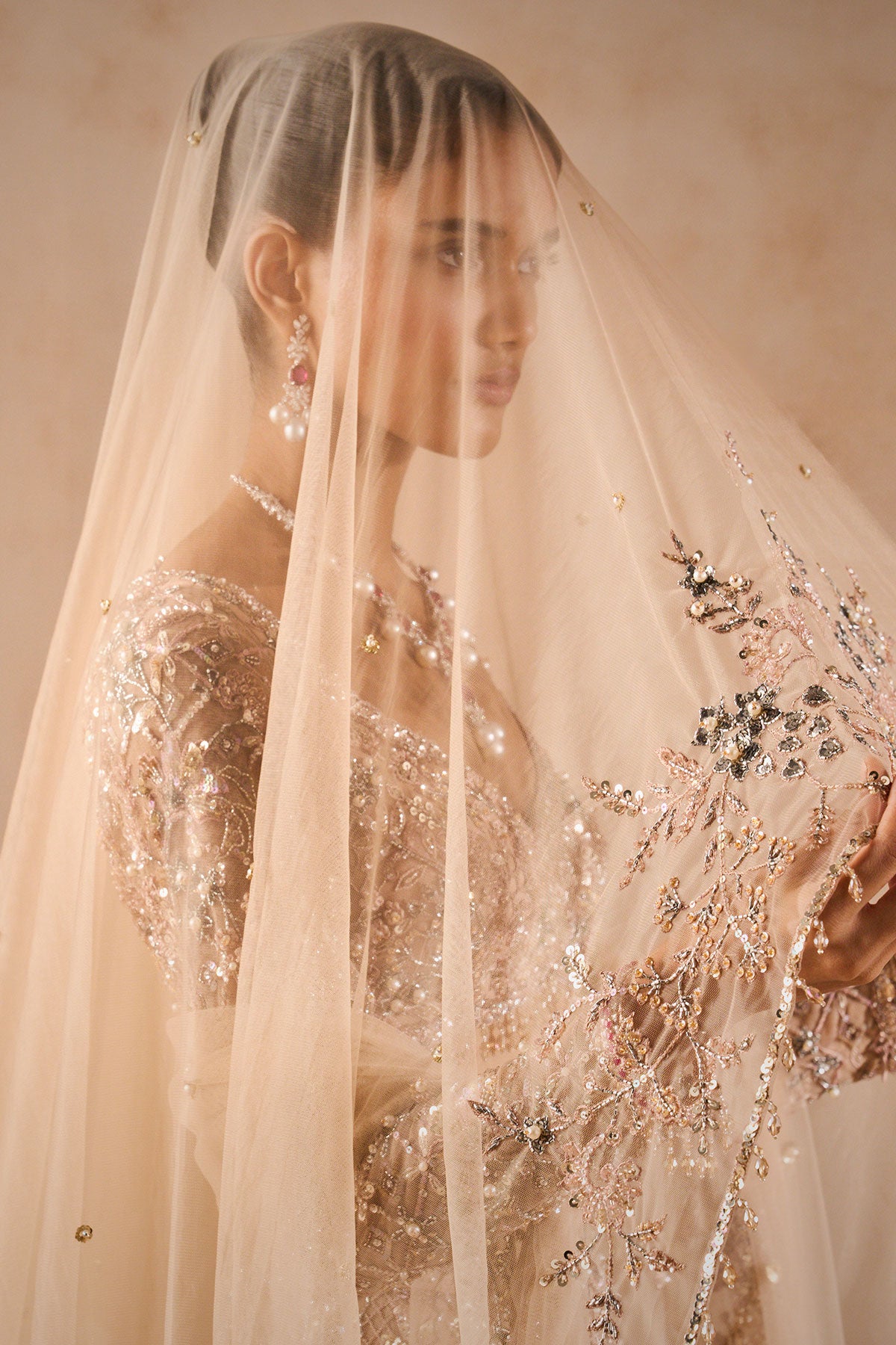 Beige Nude Tulle Lehenga Set