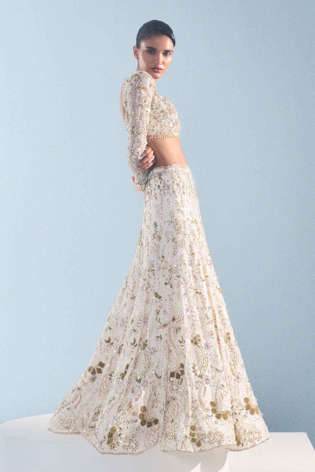 Ivory Georgette Fitted Lehenga Set