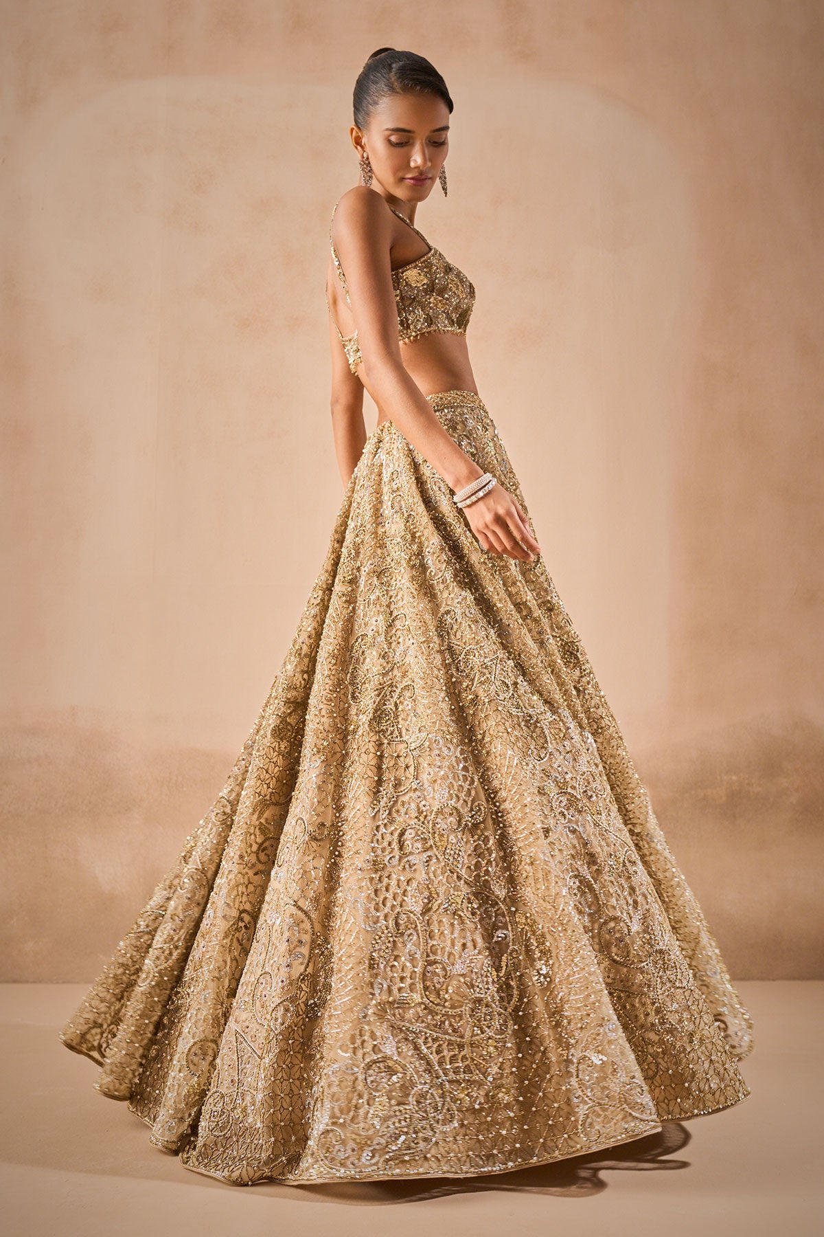 Beige Gold Tulle Sparkle Lehenga Set