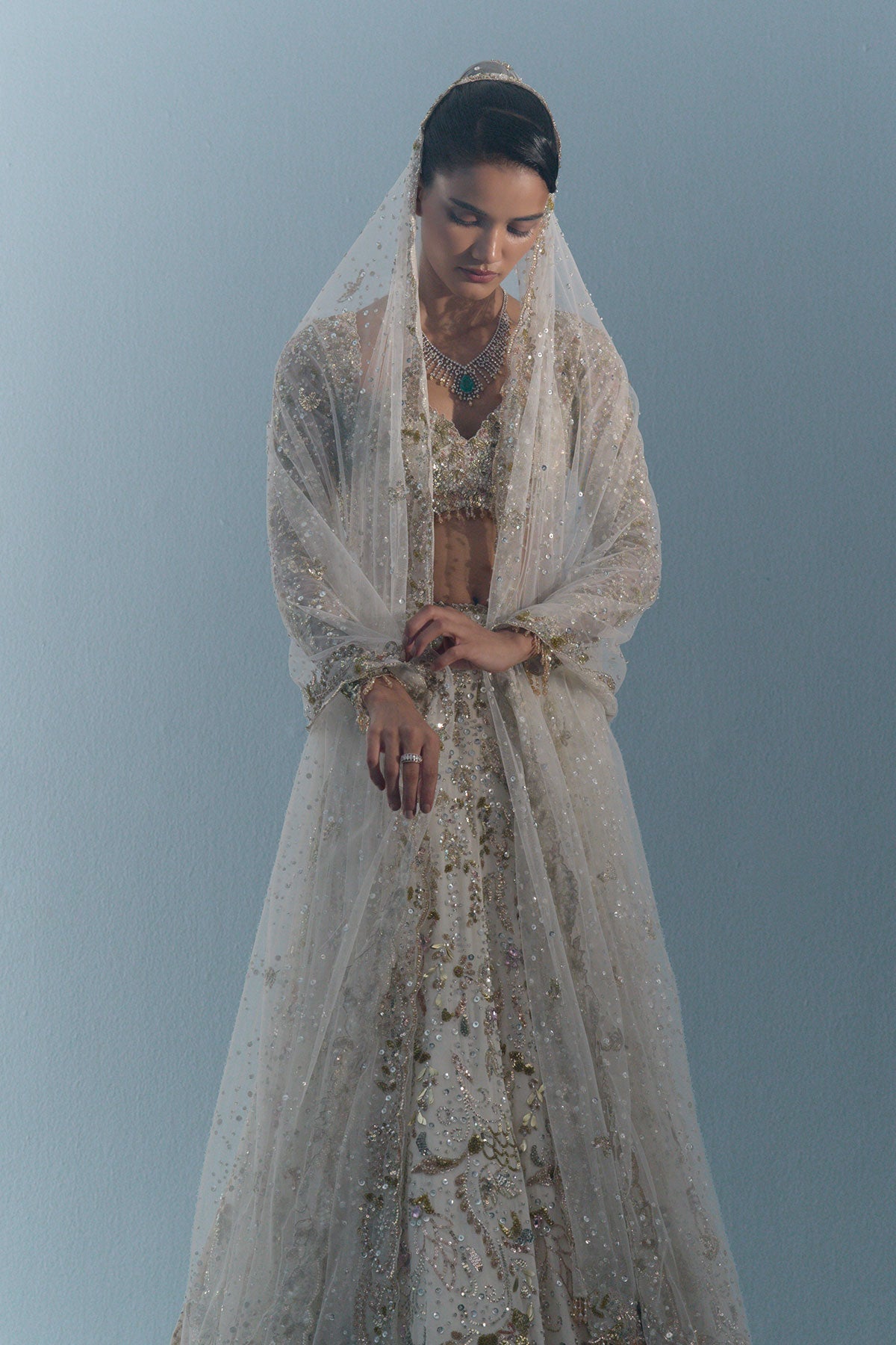 Grey Tulle Fit And Flare Lehenga Set