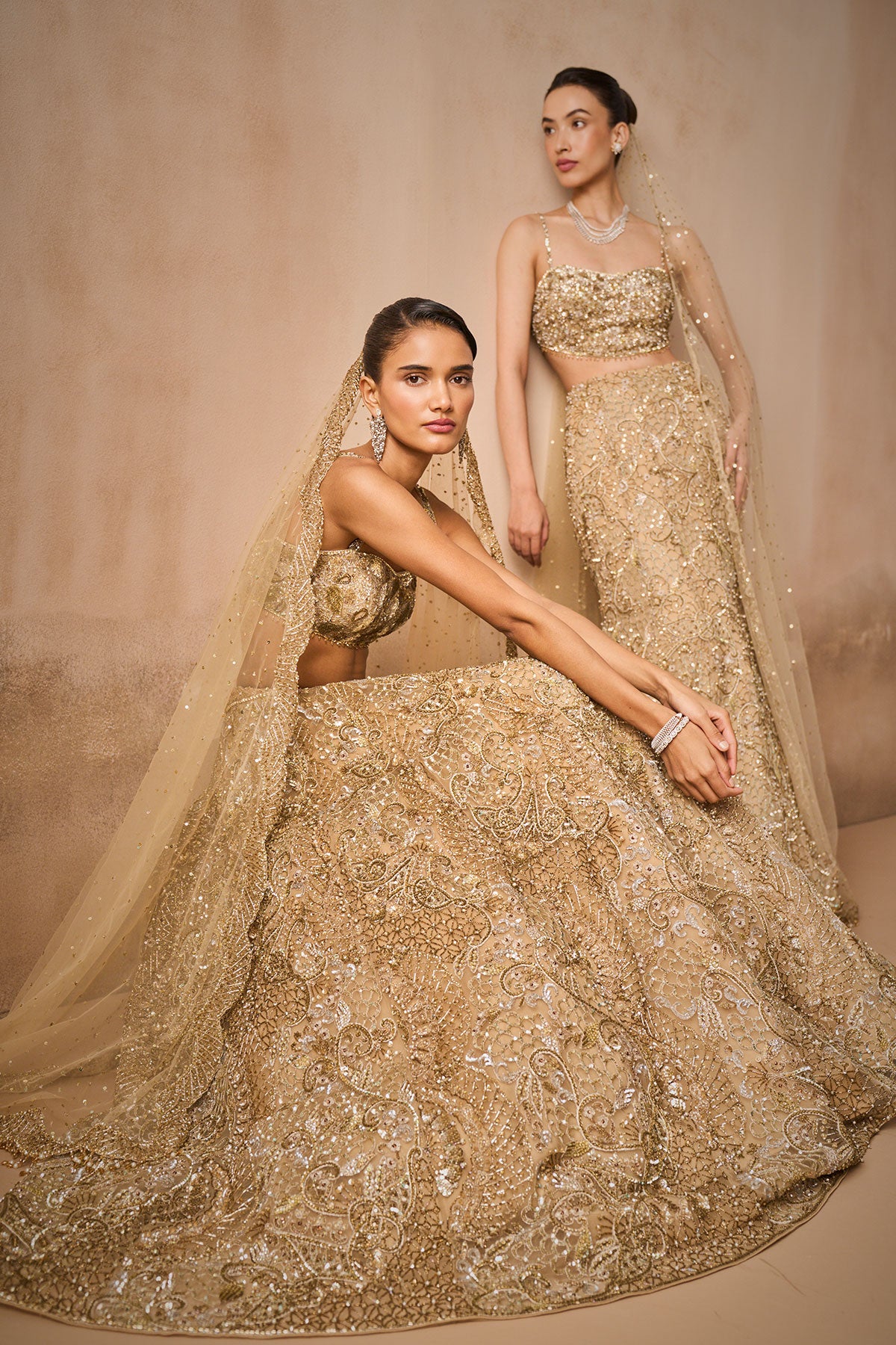 Beige Gold Tulle Sparkle Lehenga Set
