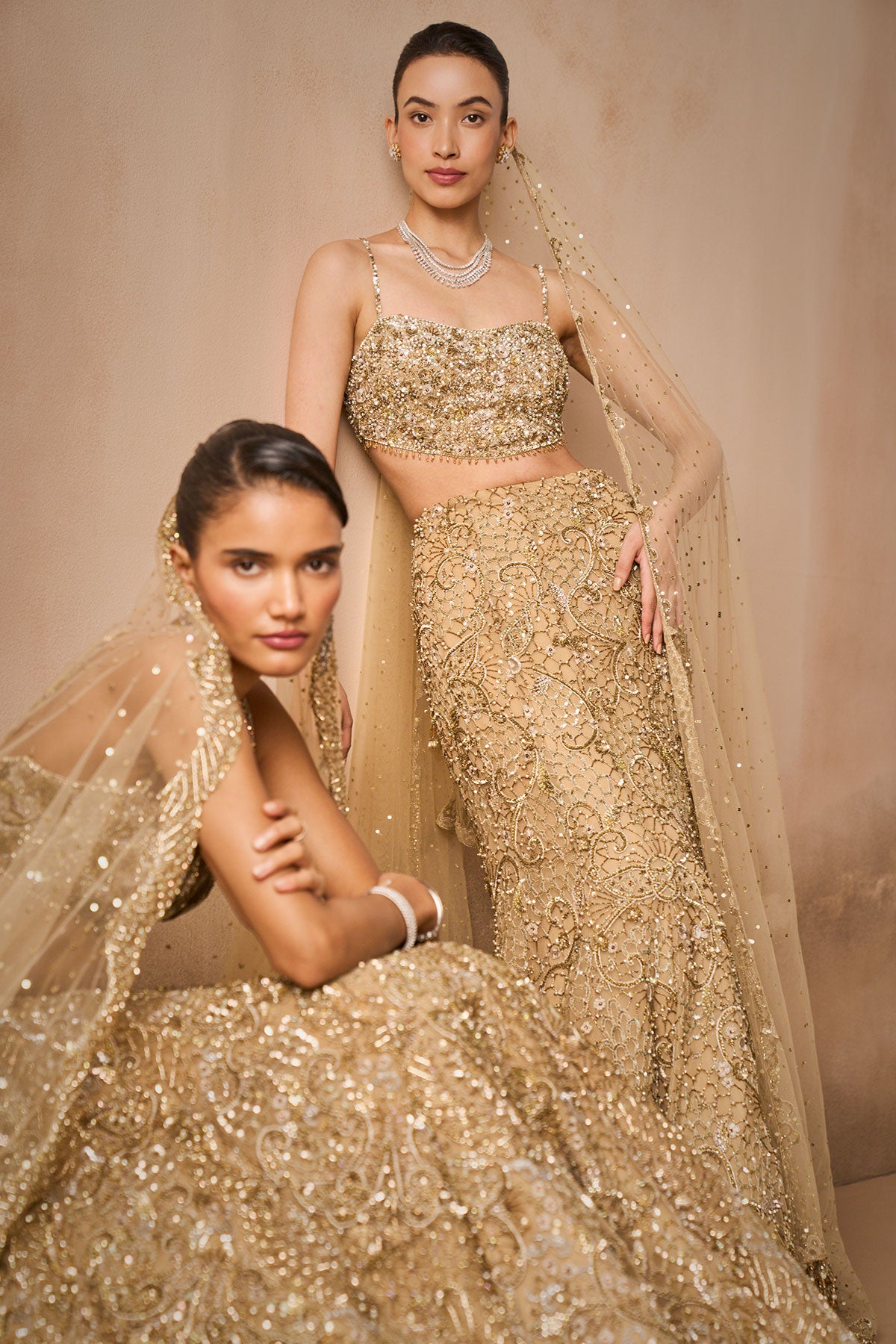 Beige Gold Sparkle Tulle Fit And Flare Lehenga Set