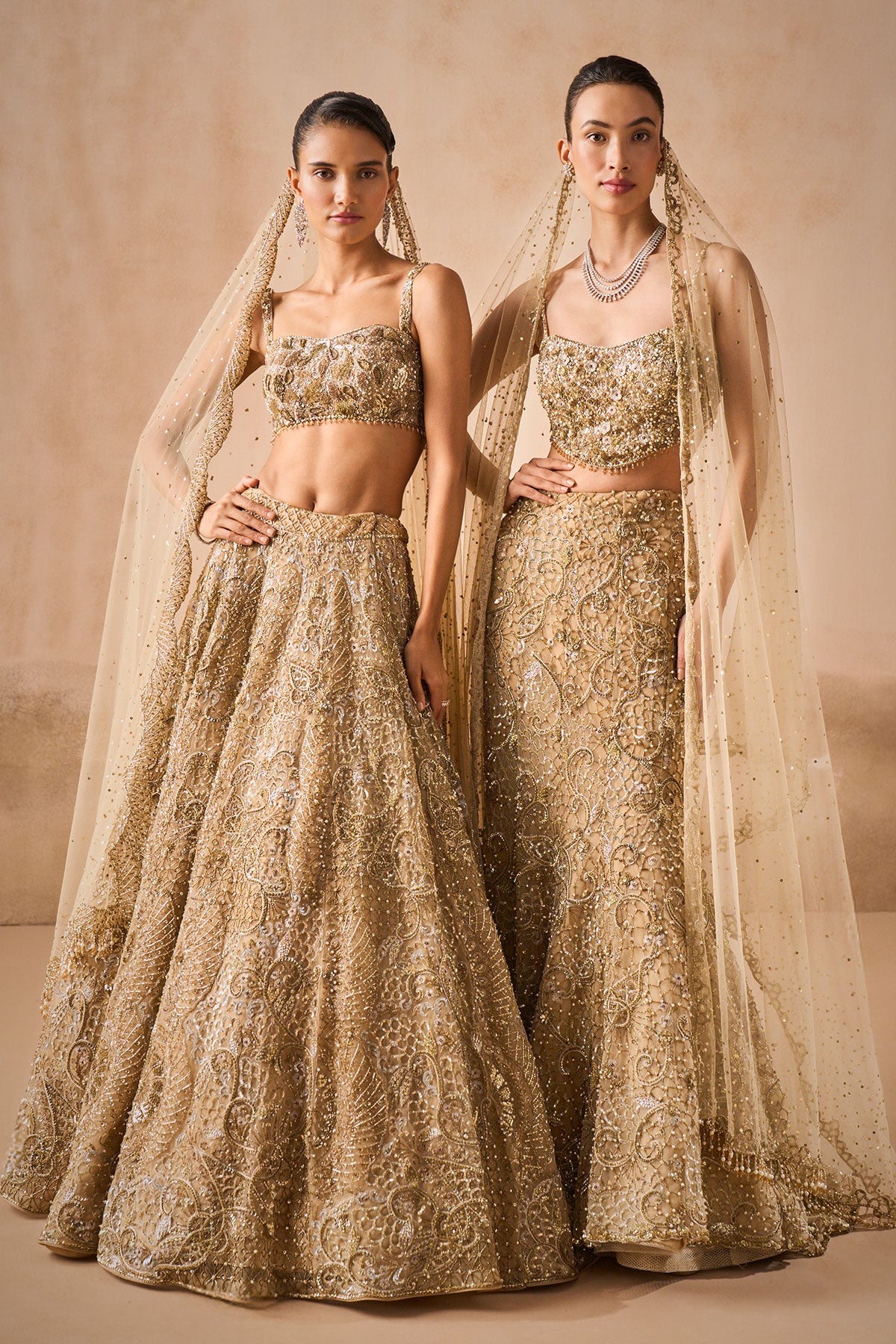 Beige Gold Tulle Sparkle Lehenga Set