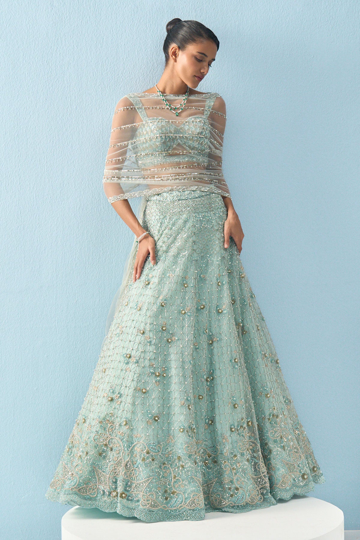 Aqua Blue Tulle Lehenga Set