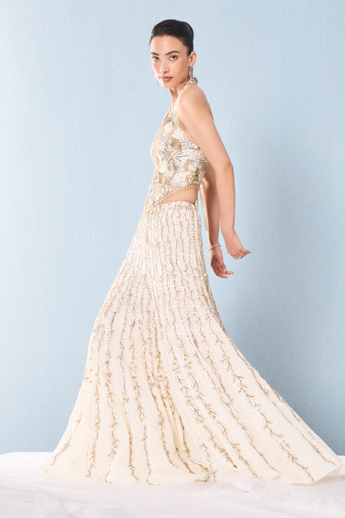 Ivory Georgette High Waist Sharara And Corset