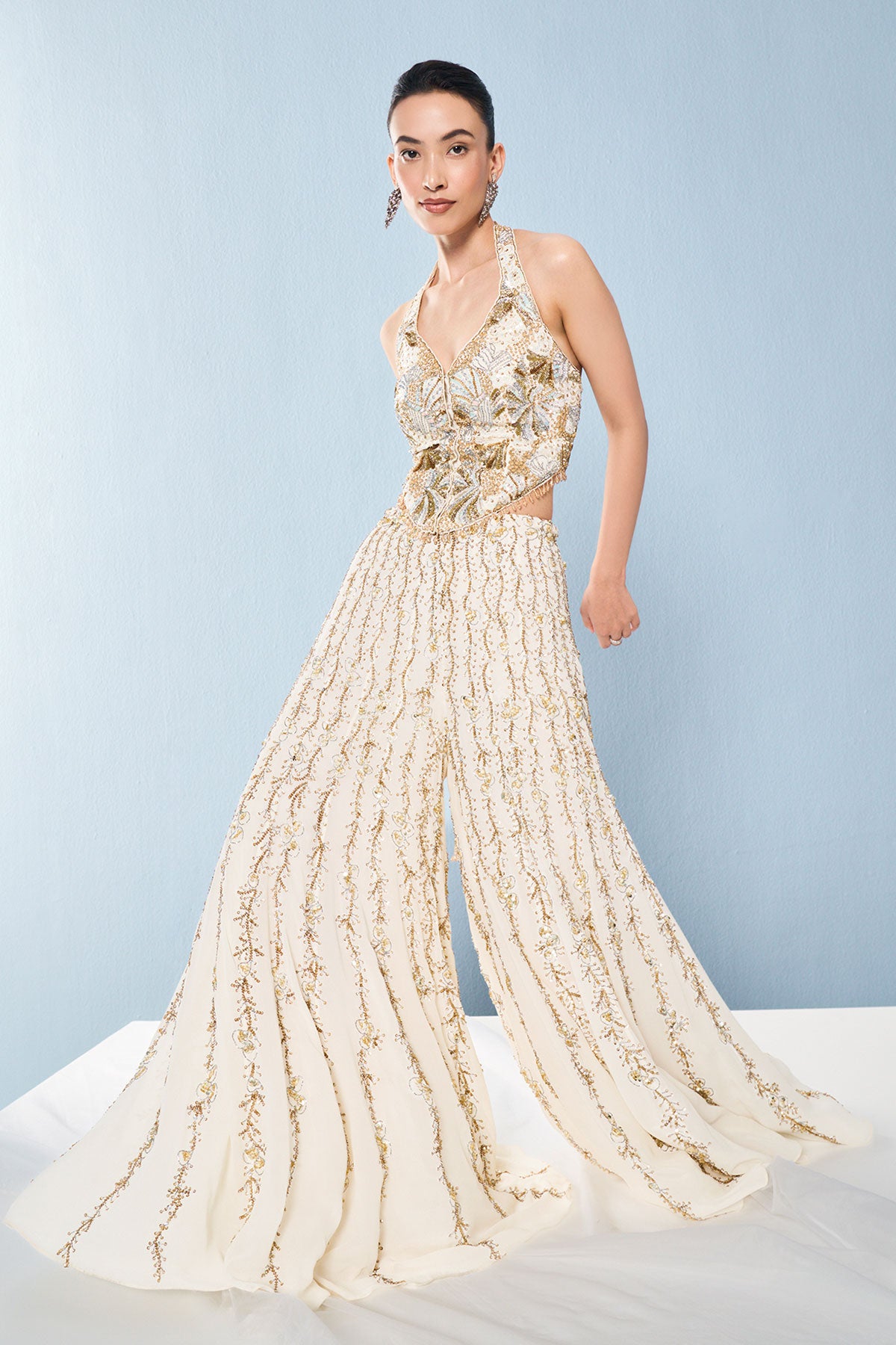 Ivory Georgette High Waist Sharara And Corset