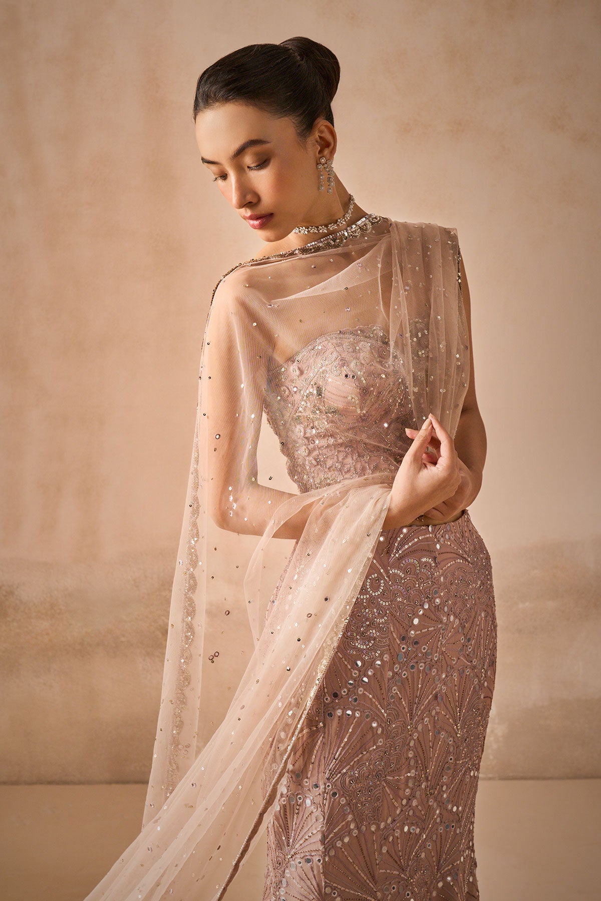 Mauve Pink Georgette Fit And Flare Lehenga Set