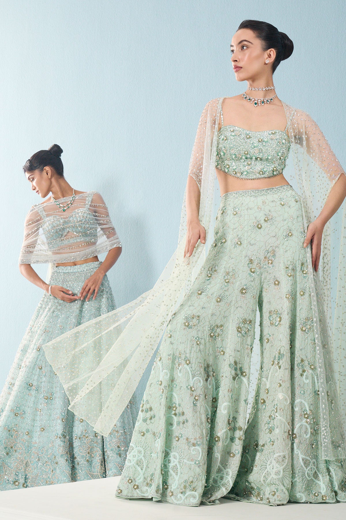 Sea Green Georgette High Waist Sharara And Cape Set