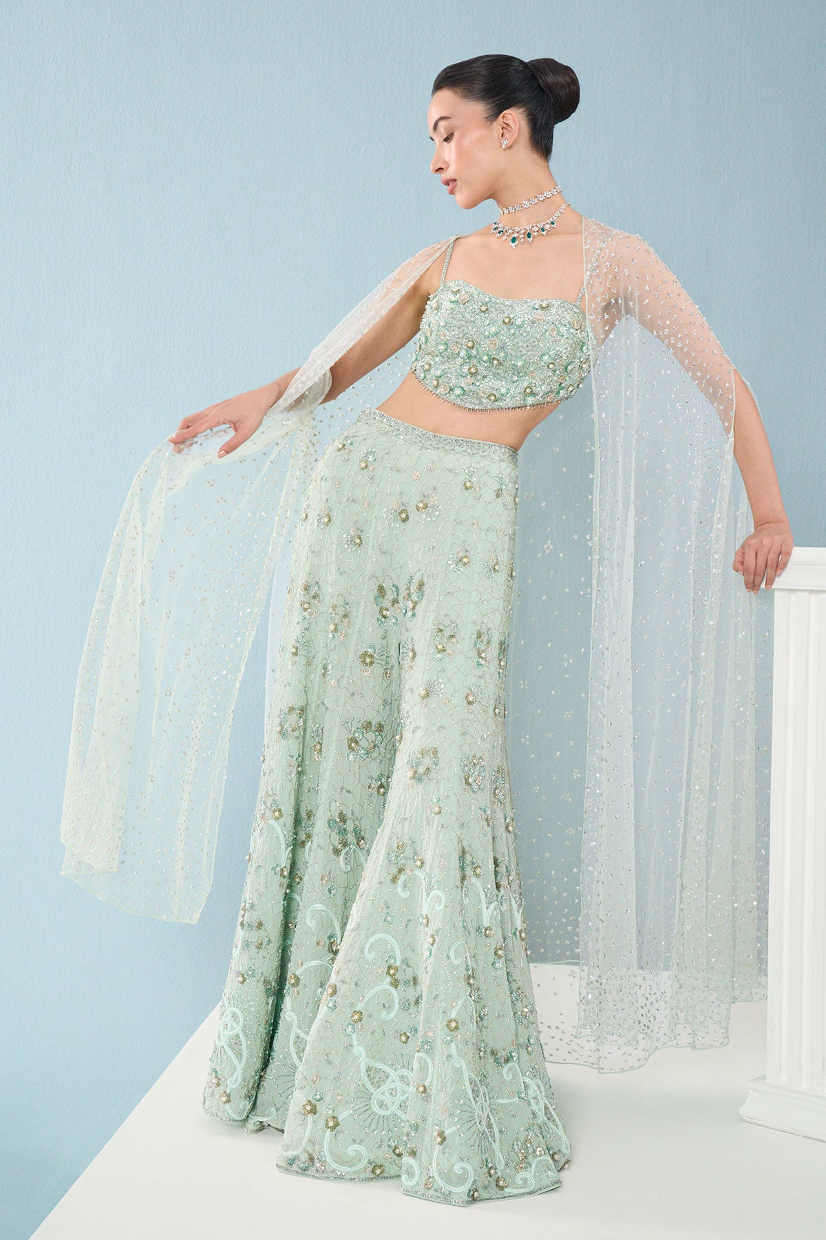 Sea Green Georgette High Waist Sharara And Cape Set