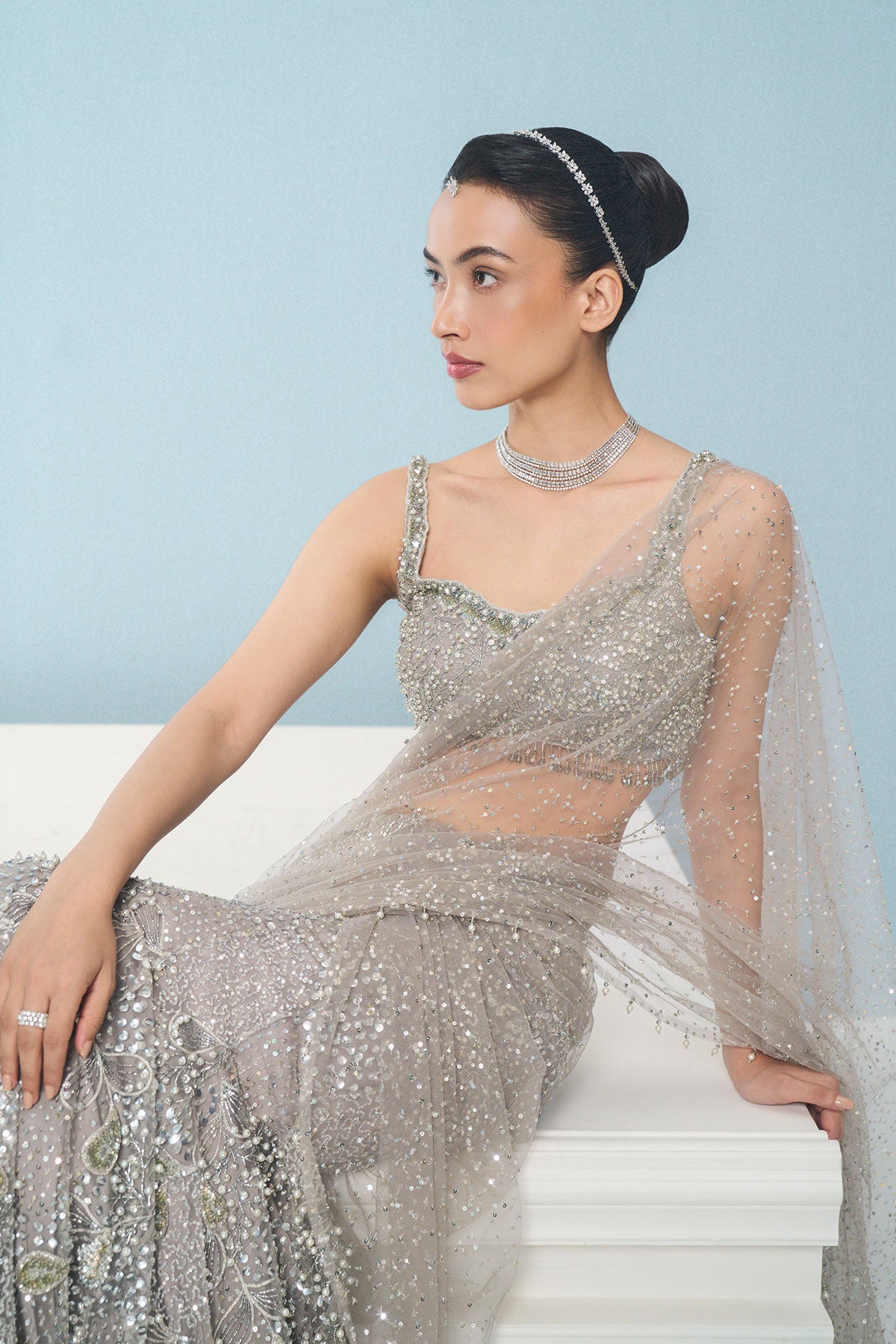 Silver Grey Tulle Drape Lehenga Set