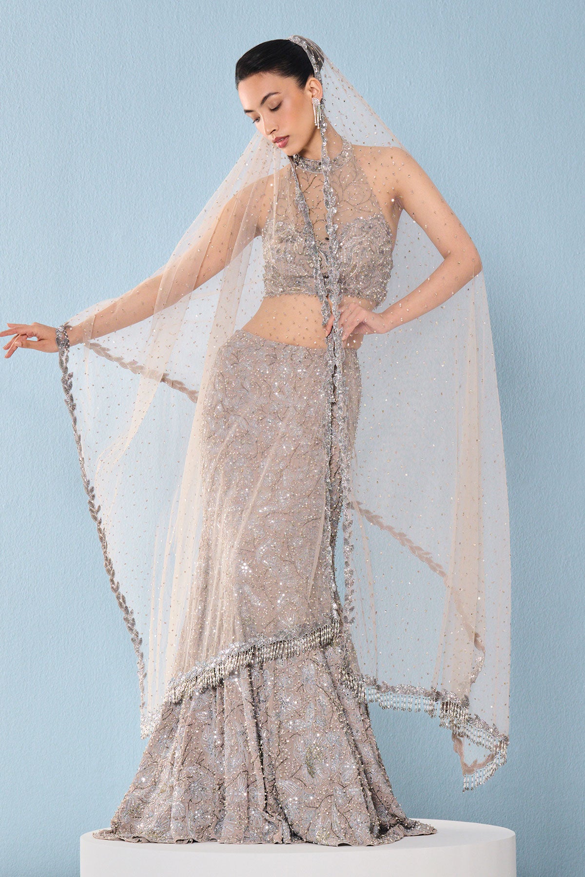 Grey Tulle Fit And Flare Lehenga Set