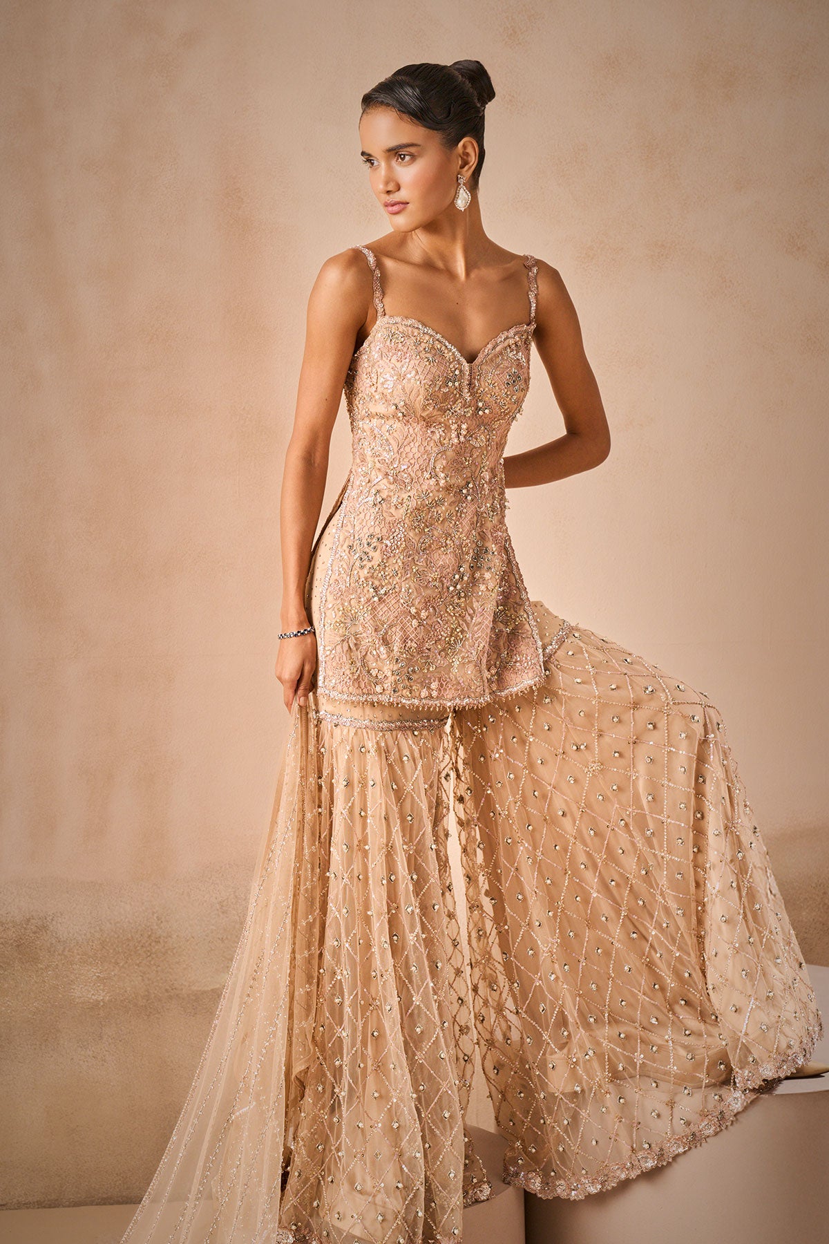 Biscuit Brown Tulle Strappy Gharara Set