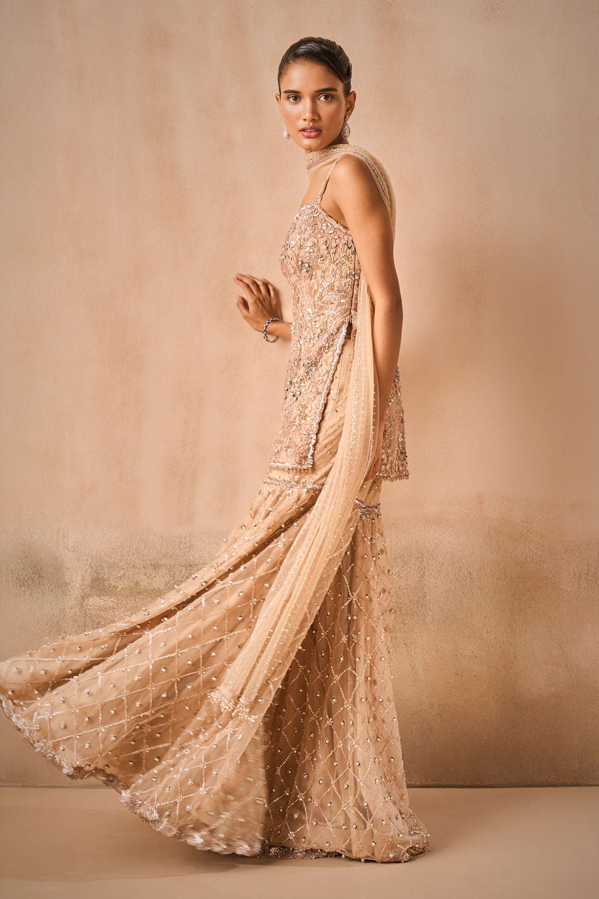 Biscuit Brown Tulle Strappy Gharara Set