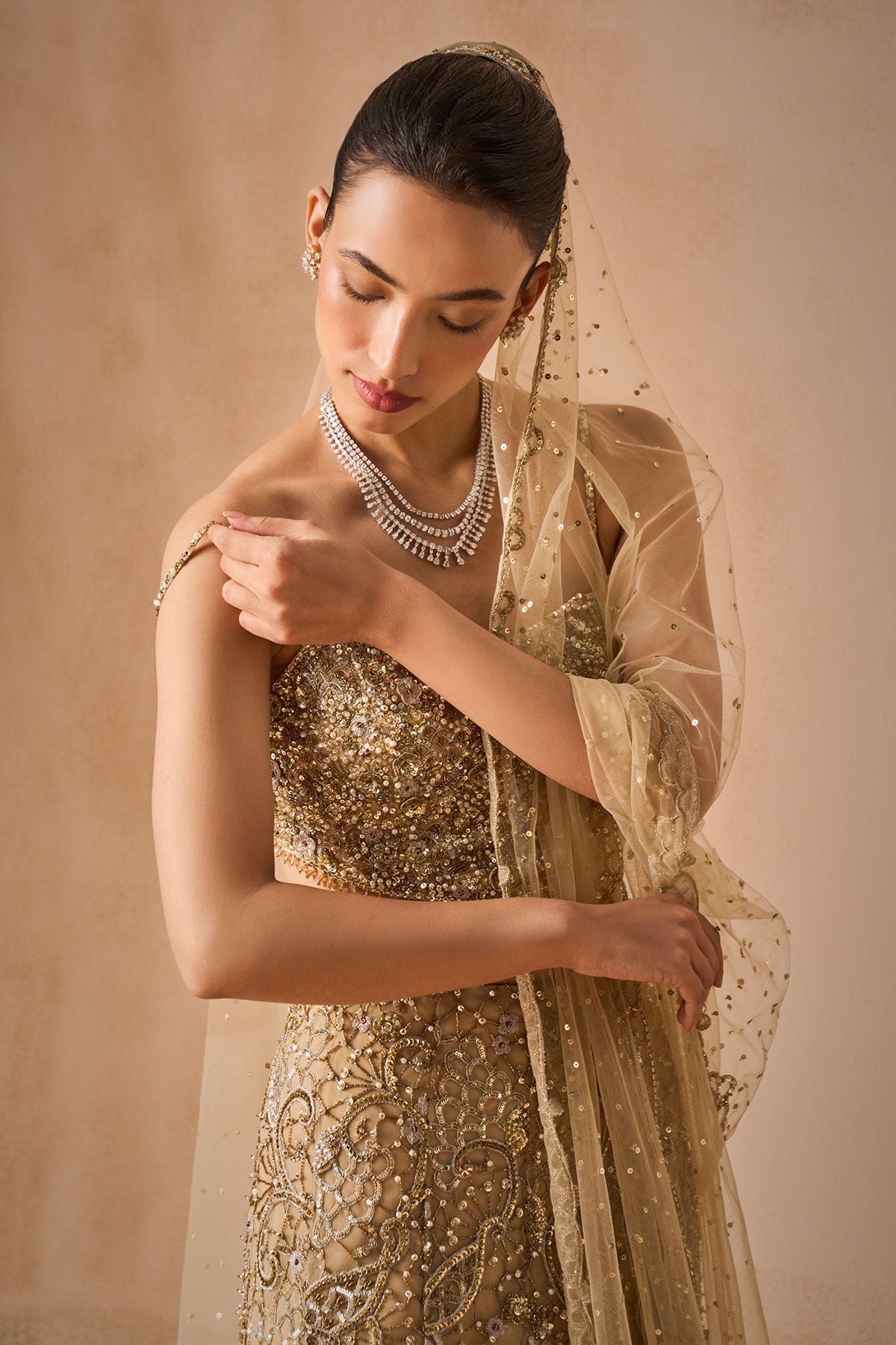 Beige Gold Sparkle Tulle Fit And Flare Lehenga Set