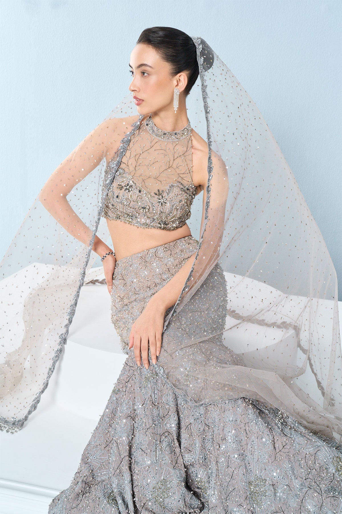 Grey Tulle Fit And Flare Lehenga Set