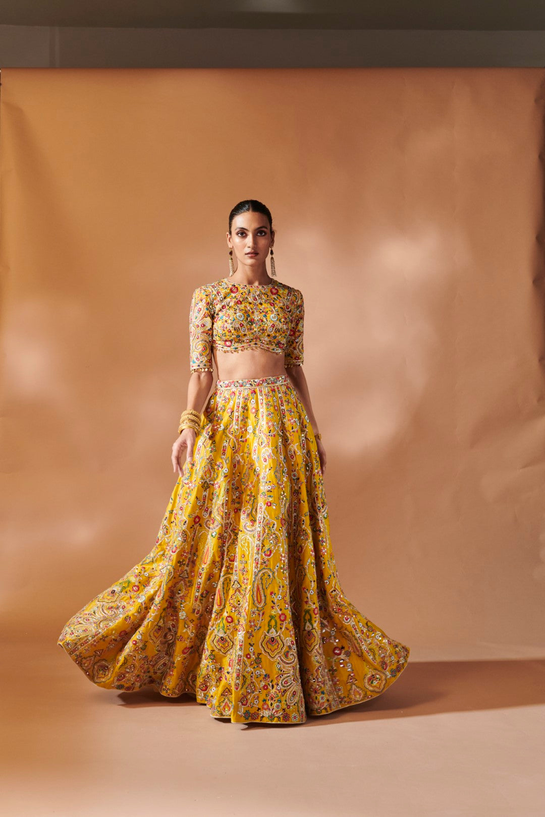 Mustard Lehenga Set With Elbow Length Sleeves