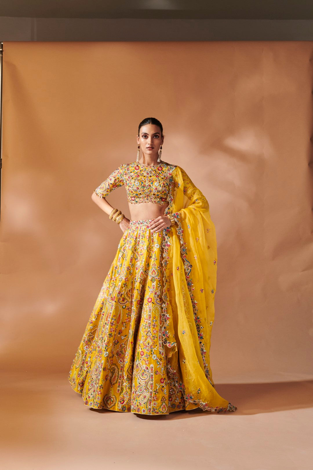 Mustard Lehenga Set With Elbow Length Sleeves