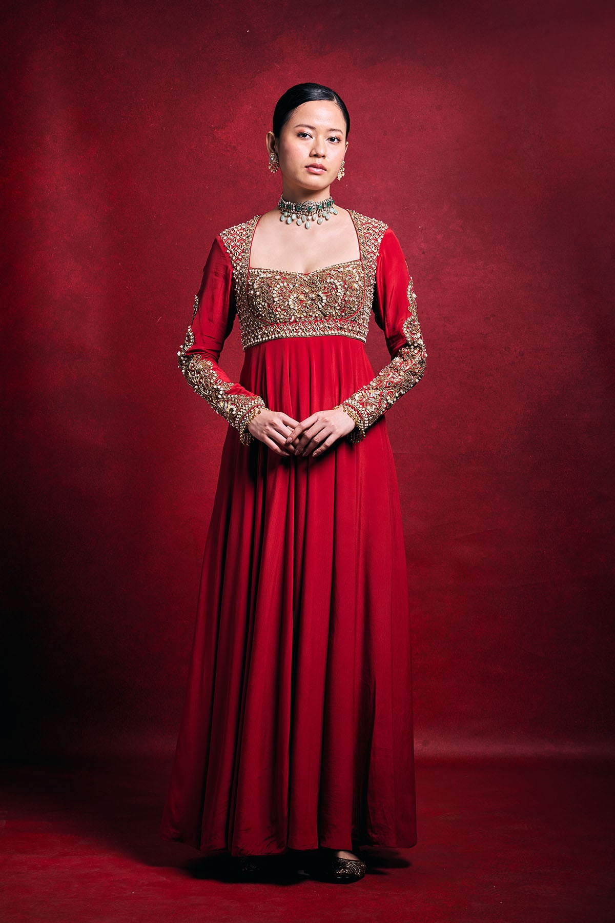 Red Crepe Anarkali Set